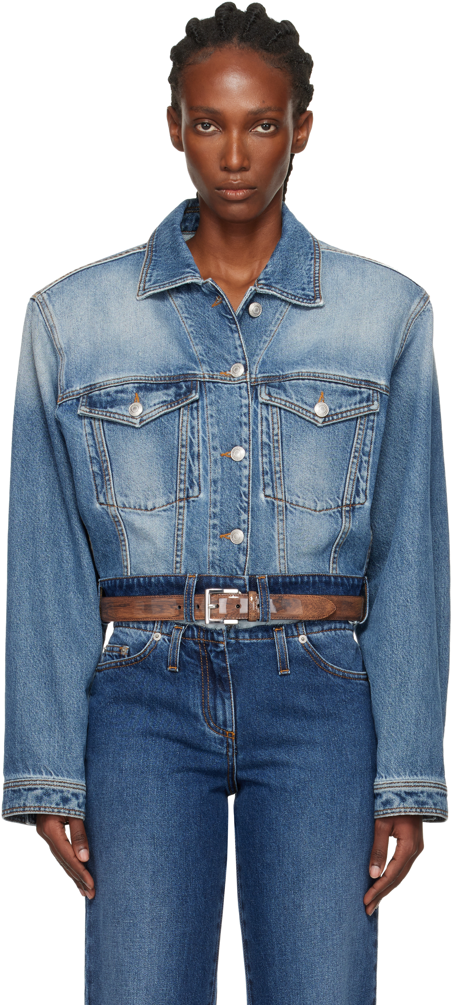 Blue Venim Belted Denim Jacket by Julie Kegels on Sale
