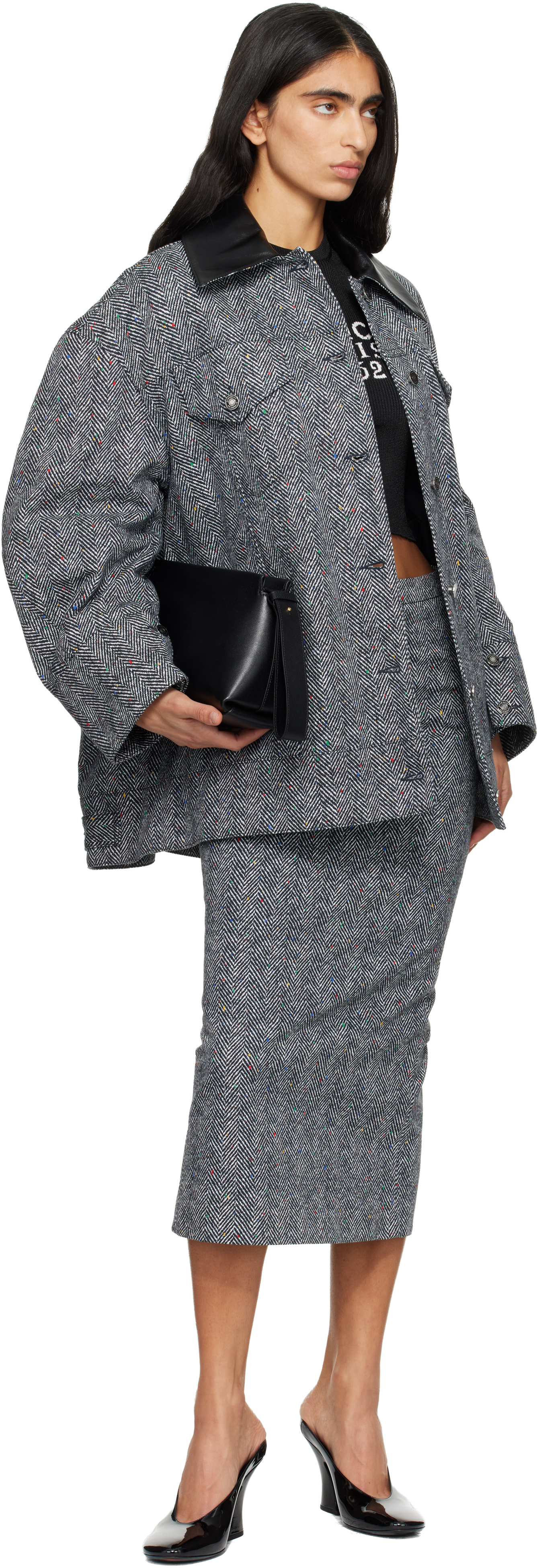 Givenchy Black & White Low Waist Kick Back Midi Skirt In Gray