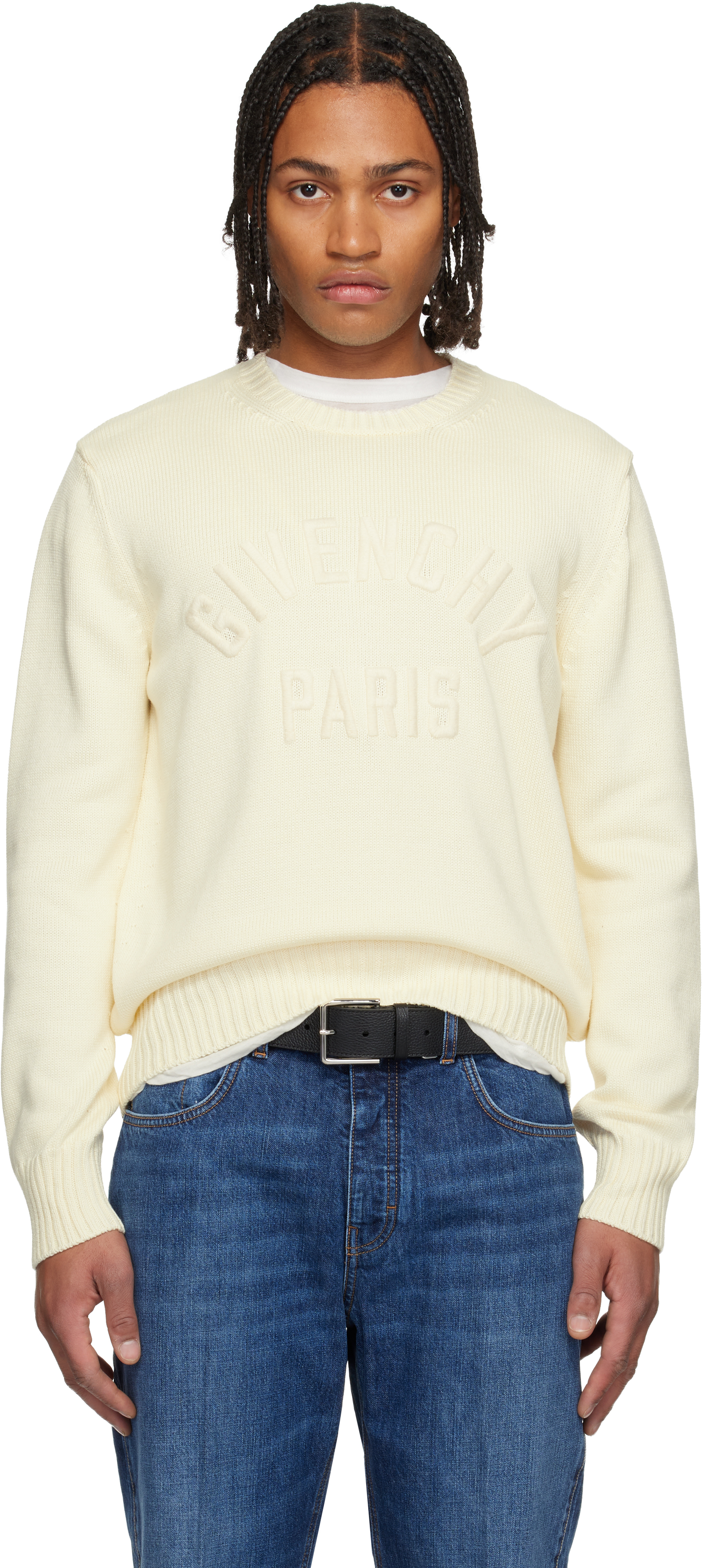 Givenchy Mens Ecru Brand-embroidery Crewneck Cotton Jumper In White