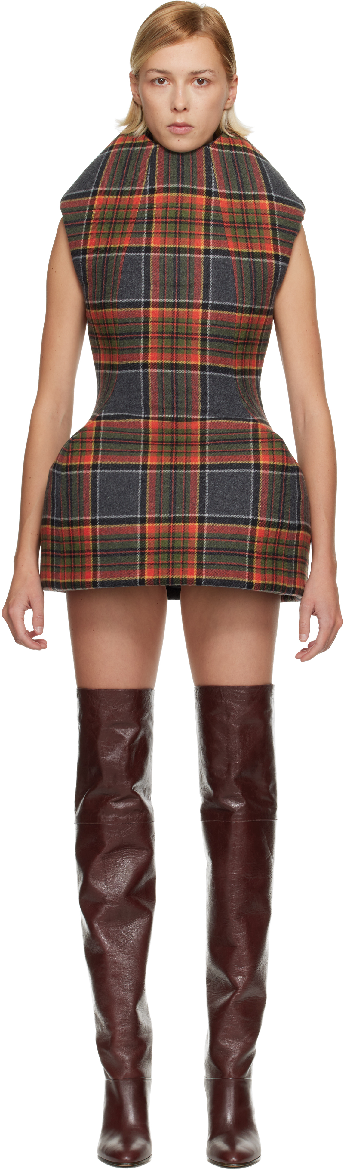 Duran Lantink Orange & Gray Sculptured Tartan Minidress In Brown