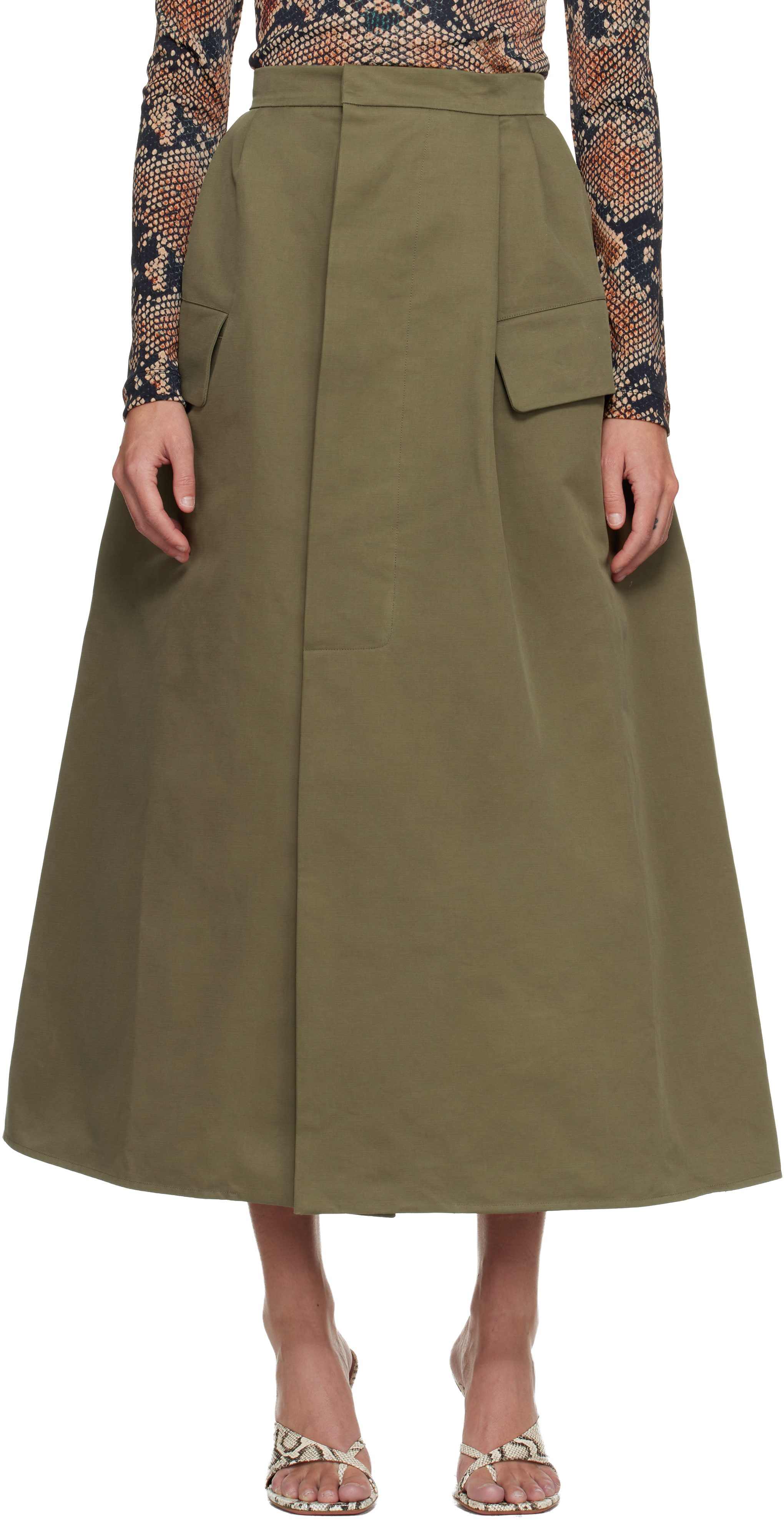 Duran Lantink Khaki Uniform Double Waisted Midi Skirt In Green