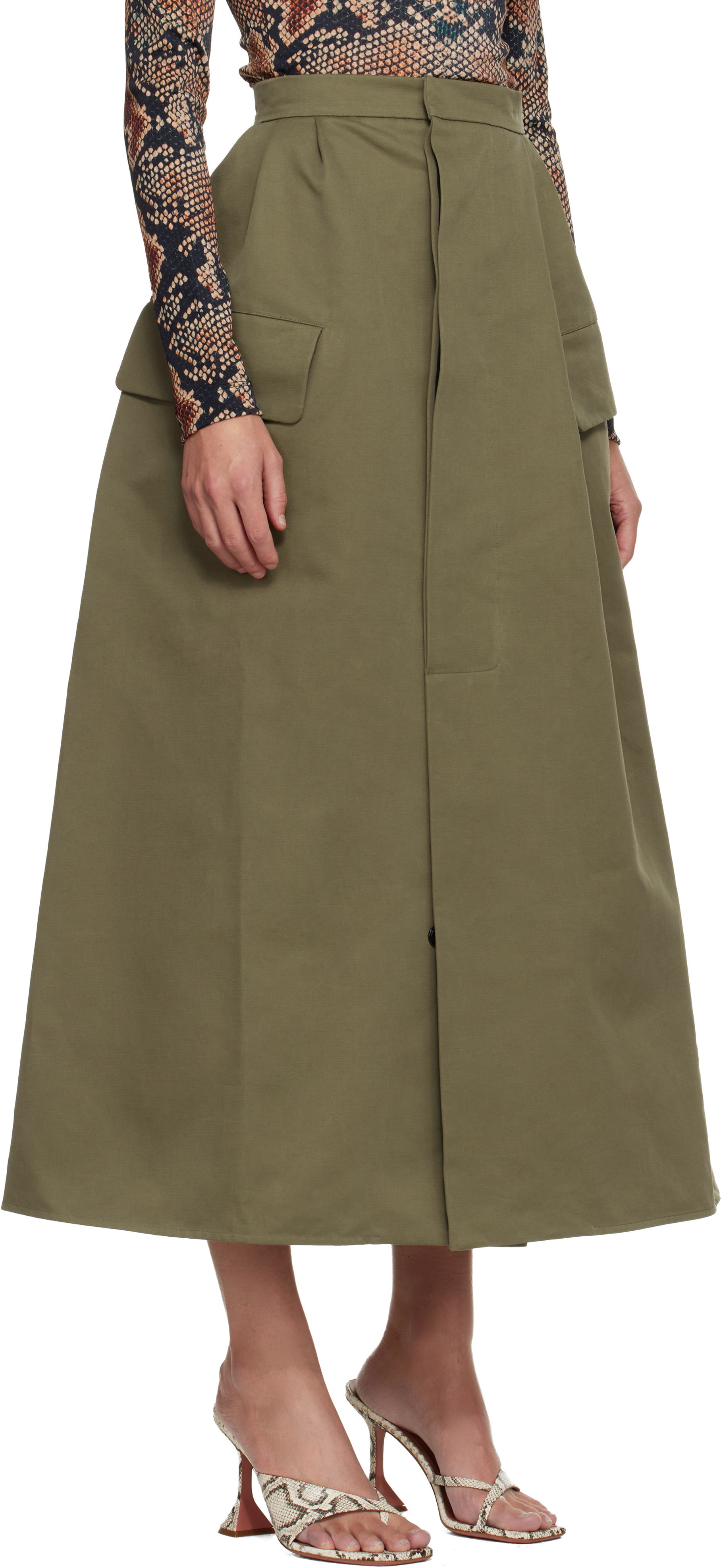 Duran Lantink Khaki Uniform Double Waisted Midi Skirt In Green