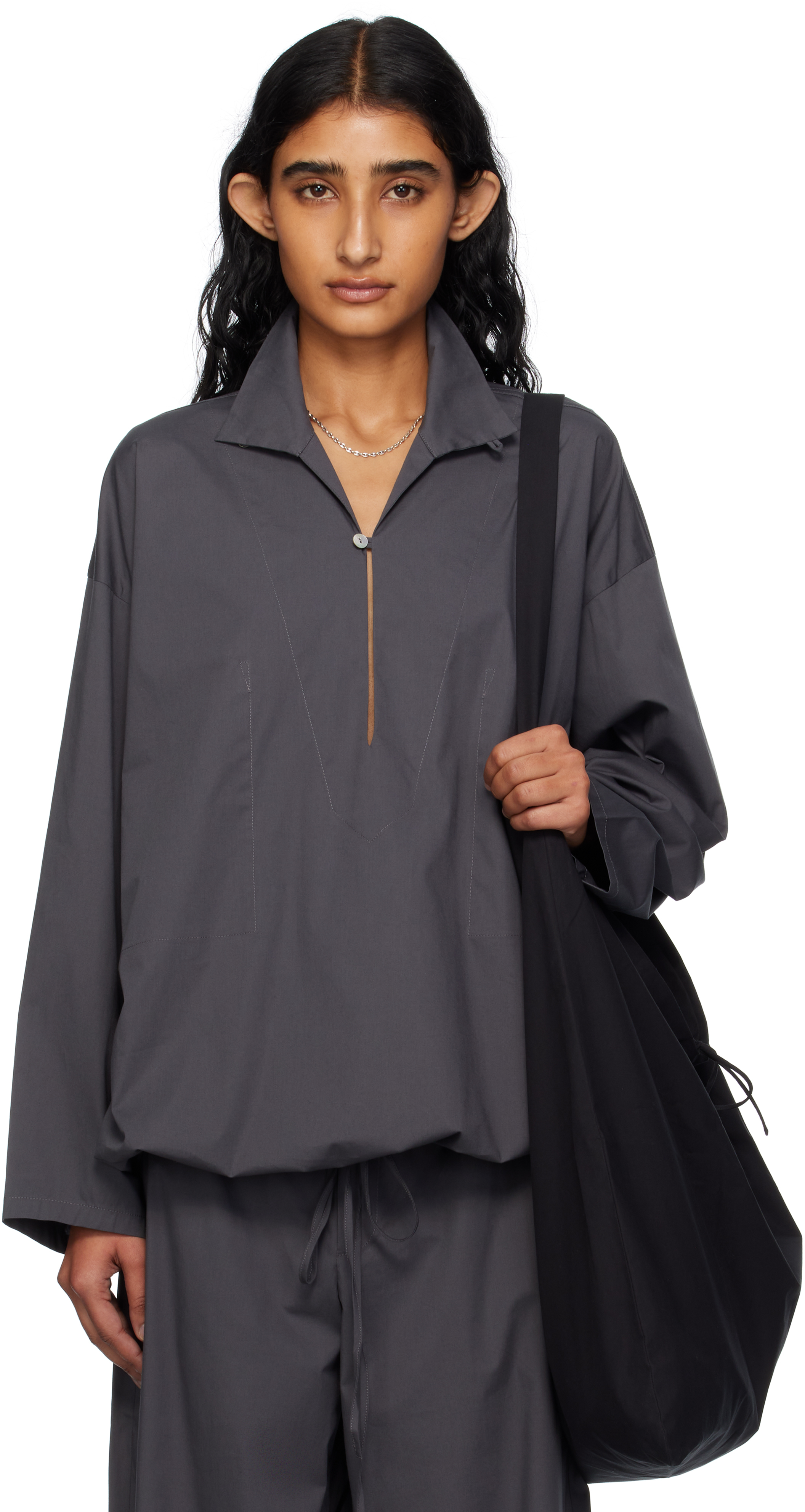 Gray Stretch Cotton Micro Faille Vareuse Blouse