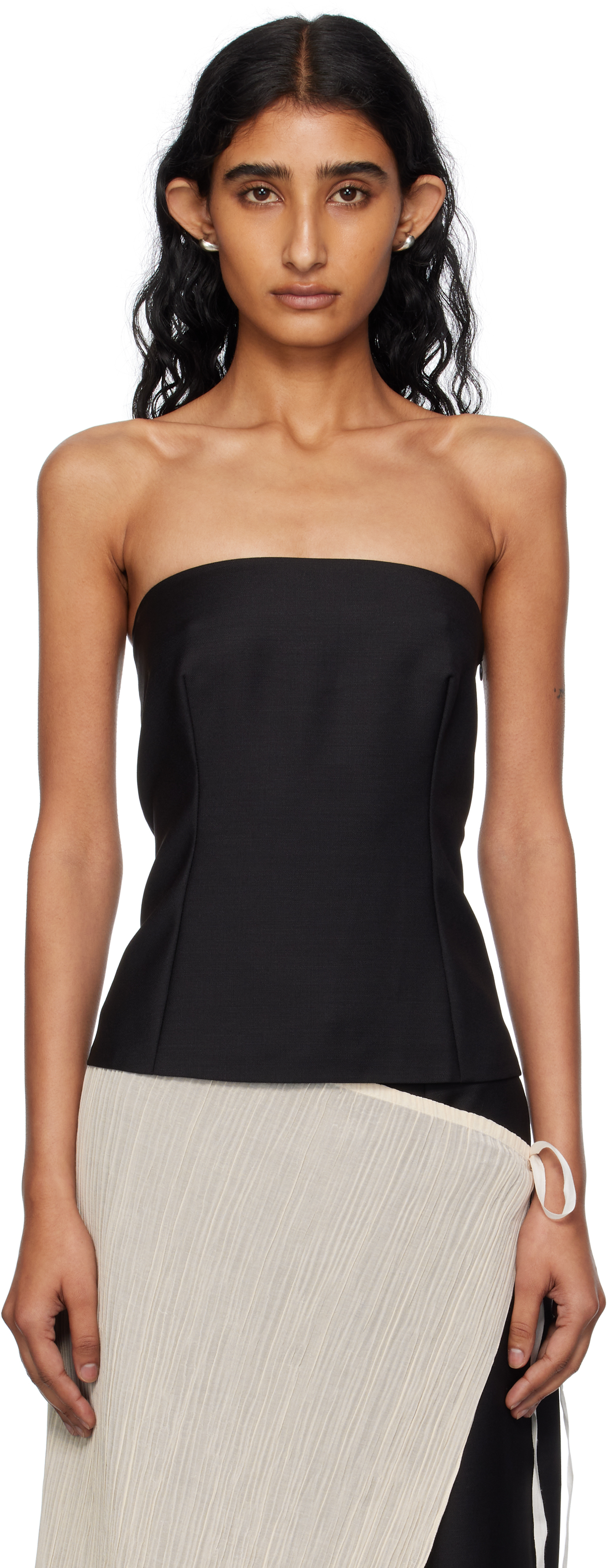 Bambou Roger Kwong Black Wool & Mohair Suiting Bustier Top In Black