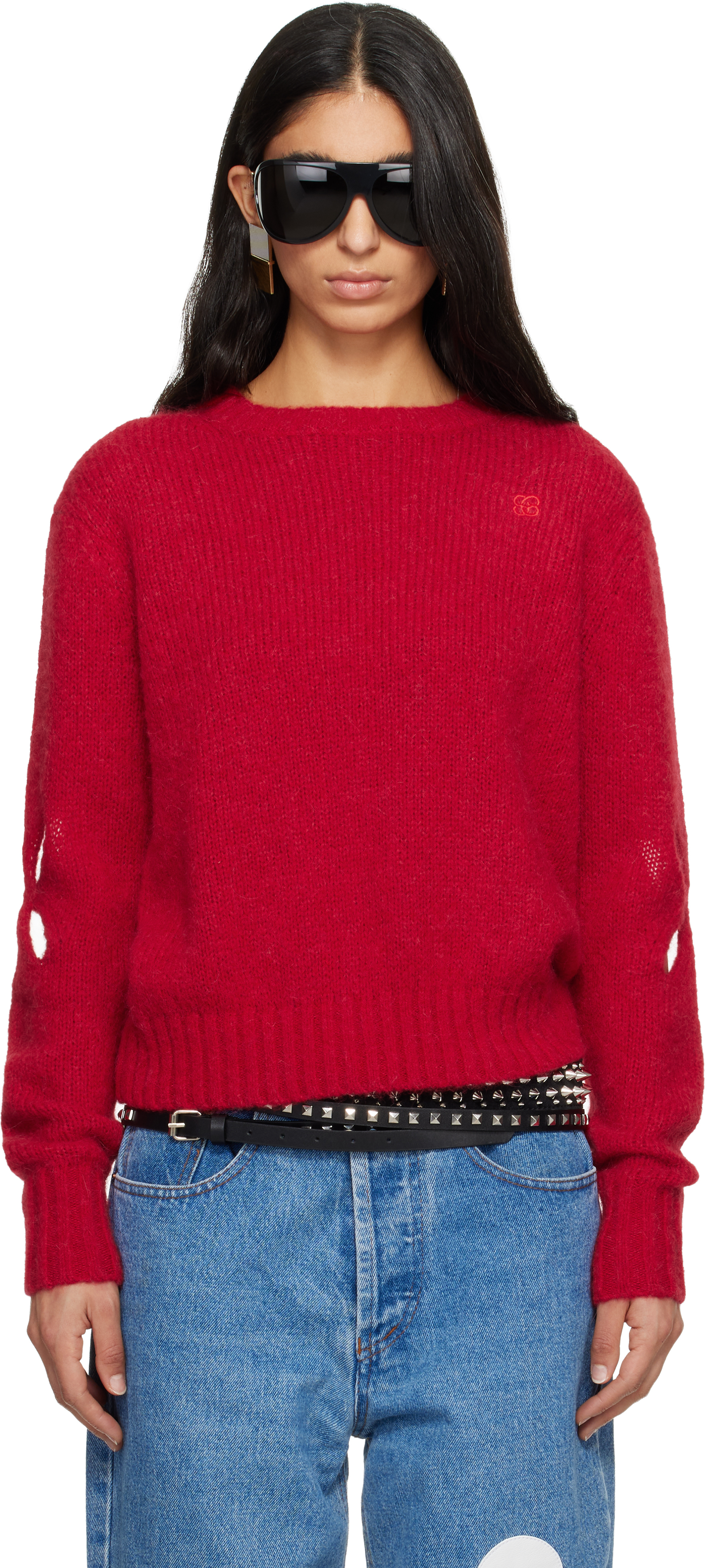 Red Slashed Shaggy Sweater by Stefan Cooke on Sale
