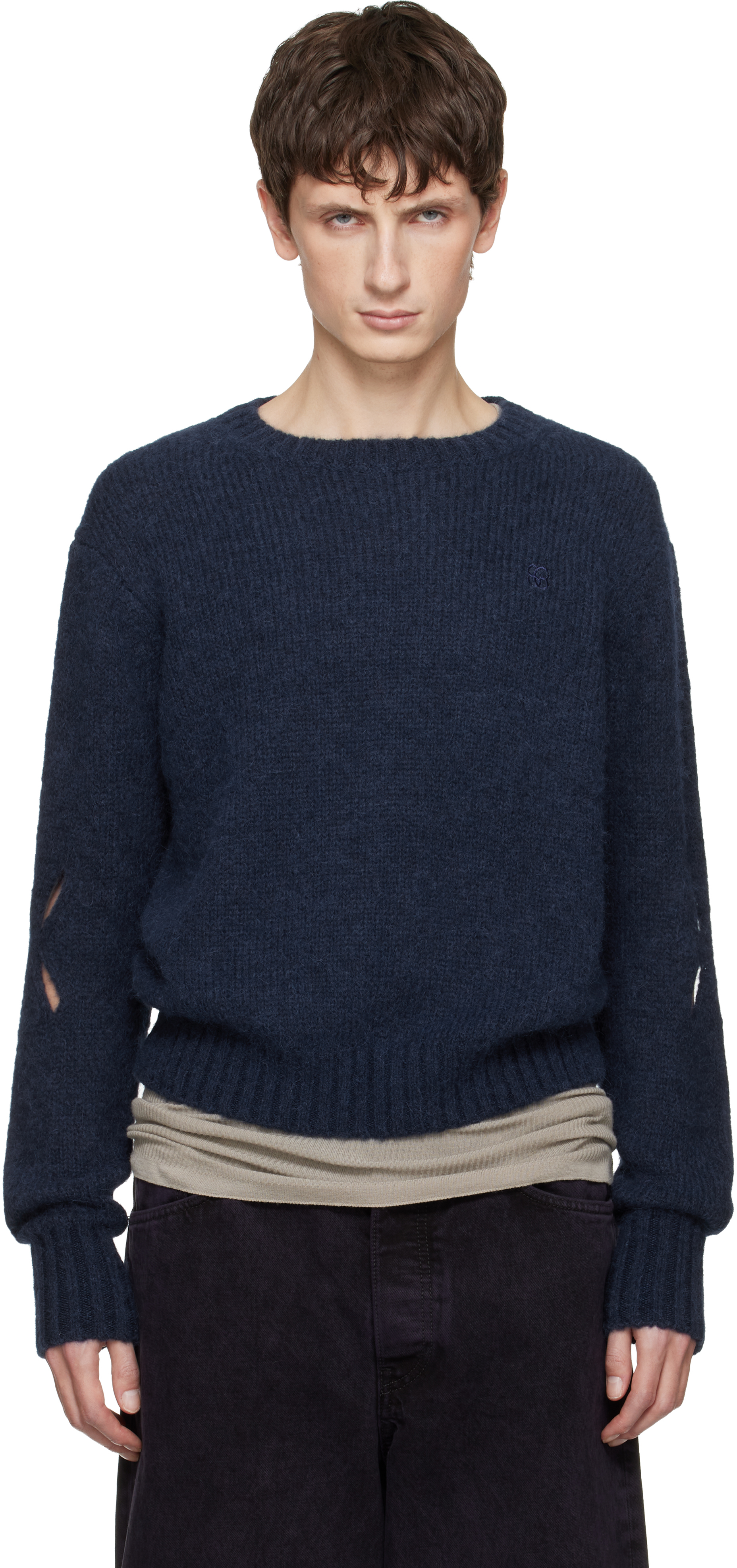 Stefan Cooke: Navy Slashed Shaggy Sweater | SSENSE
