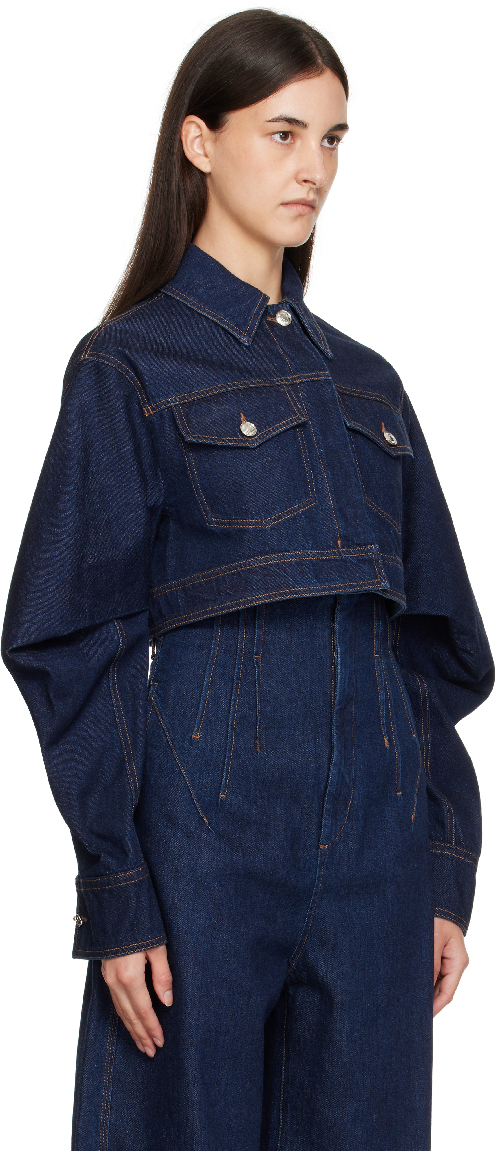 Sportmax Cropped Jacket With Buttoned Pockets And Contrast Stitching In Blue
