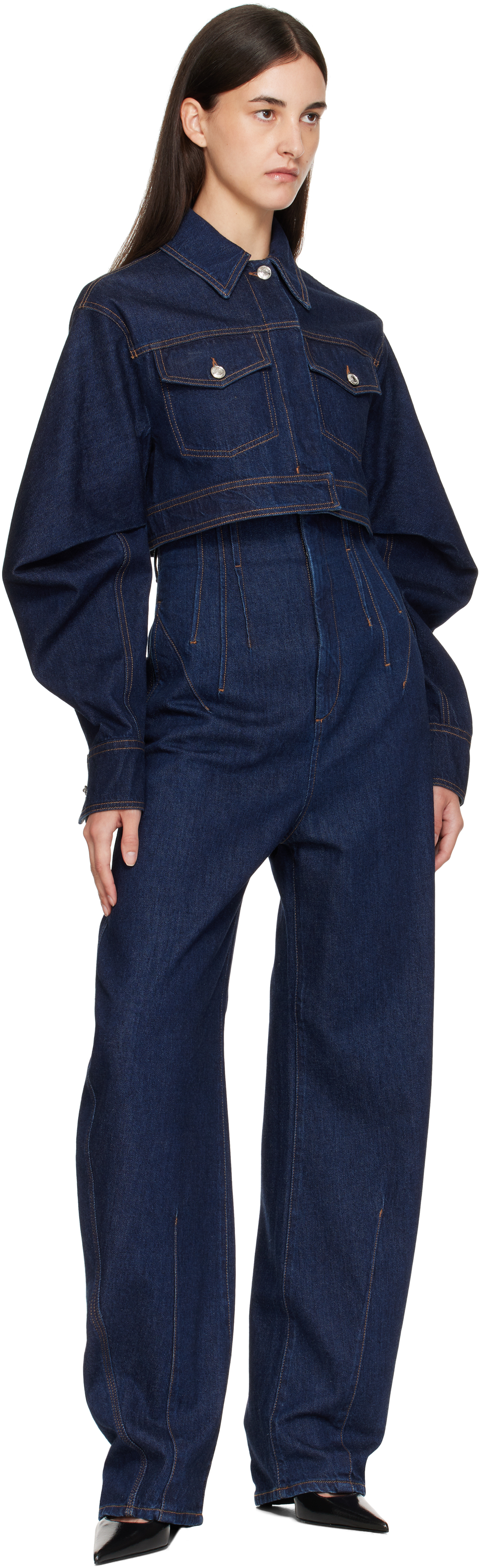 Sportmax Cropped Jacket With Buttoned Pockets And Contrast Stitching In Blue