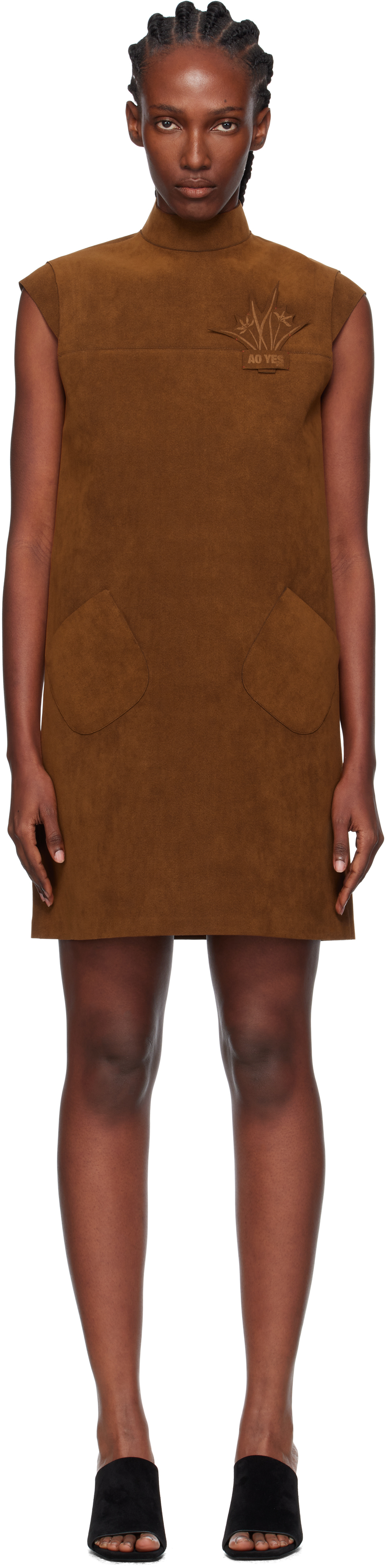 Ao Yes Brown Cap Sleeve Faux-suede Minidress In Brown