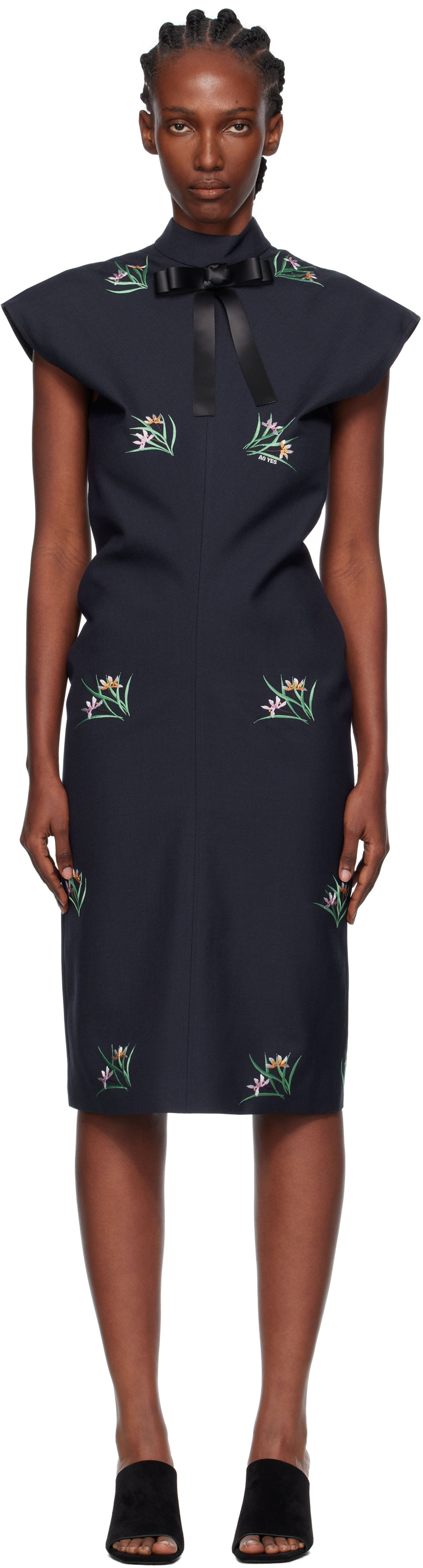 Ao Yes Navy Embroidery Bias Cut Midi Dress In Blue