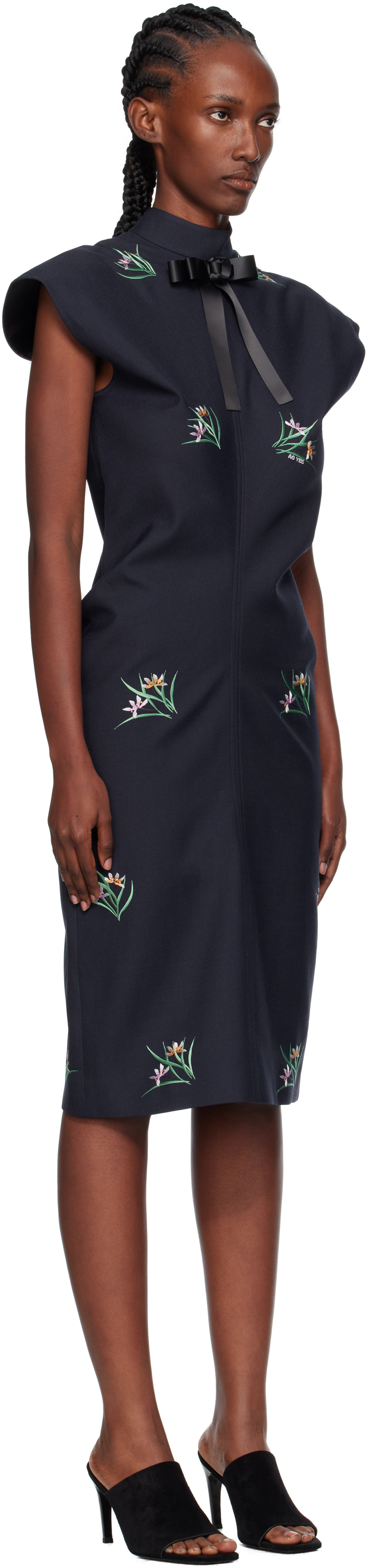 Ao Yes Navy Embroidery Bias Cut Midi Dress In Blue