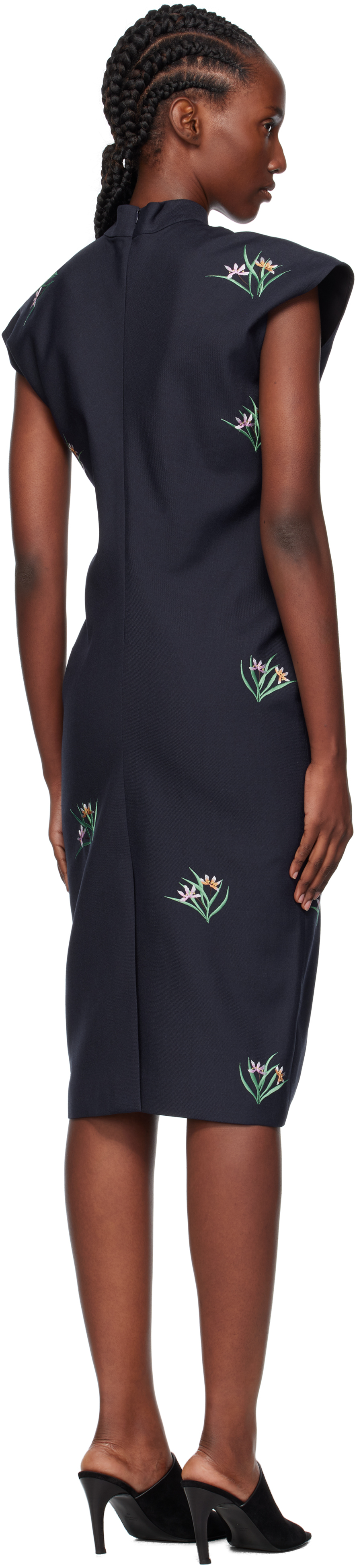 Ao Yes Navy Embroidery Bias Cut Midi Dress In Blue