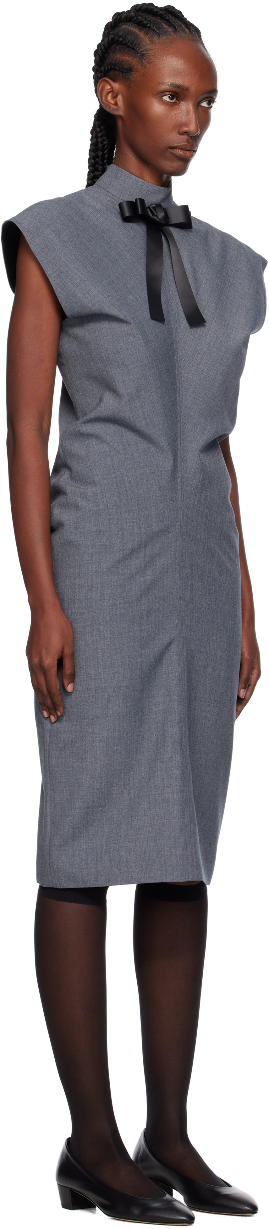 Ao Yes Gray Ribbon Tie Bias Cut Midi Dress In Gray