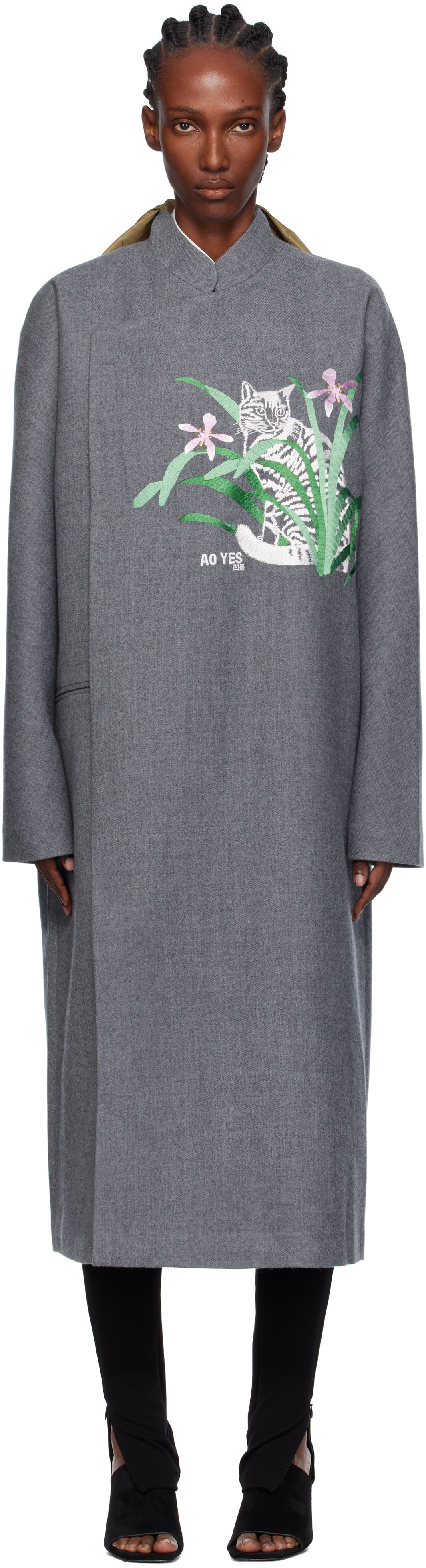 Ao Yes Gray Changshan Melton Long Coat In Gray
