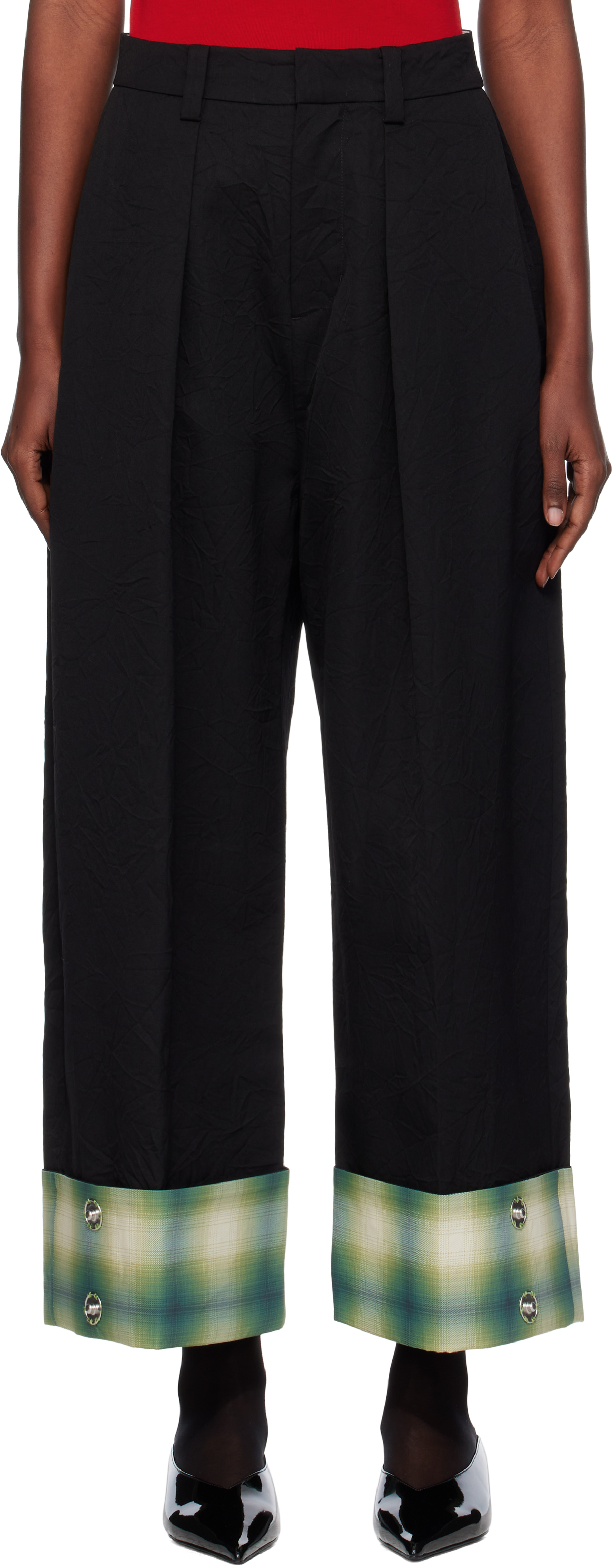 Ao Yes Black Wrinkled Palazzo Trousers In Black