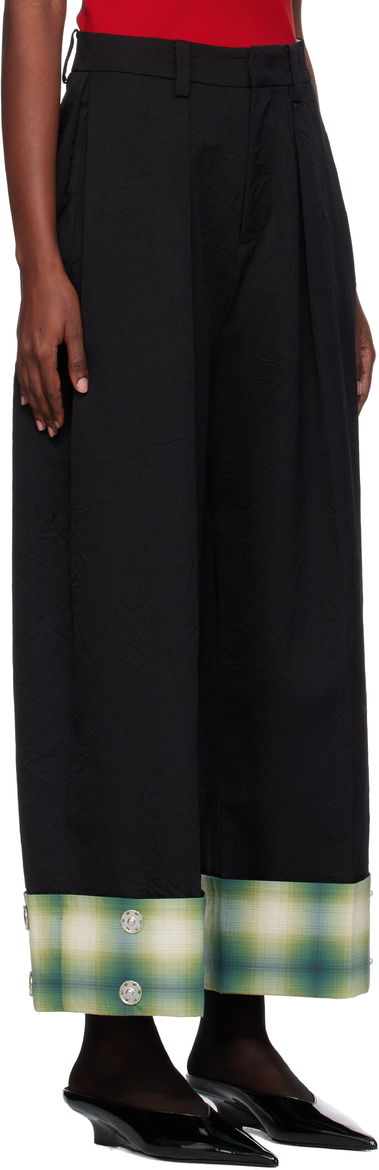 Ao Yes Black Wrinkled Palazzo Trousers In Black