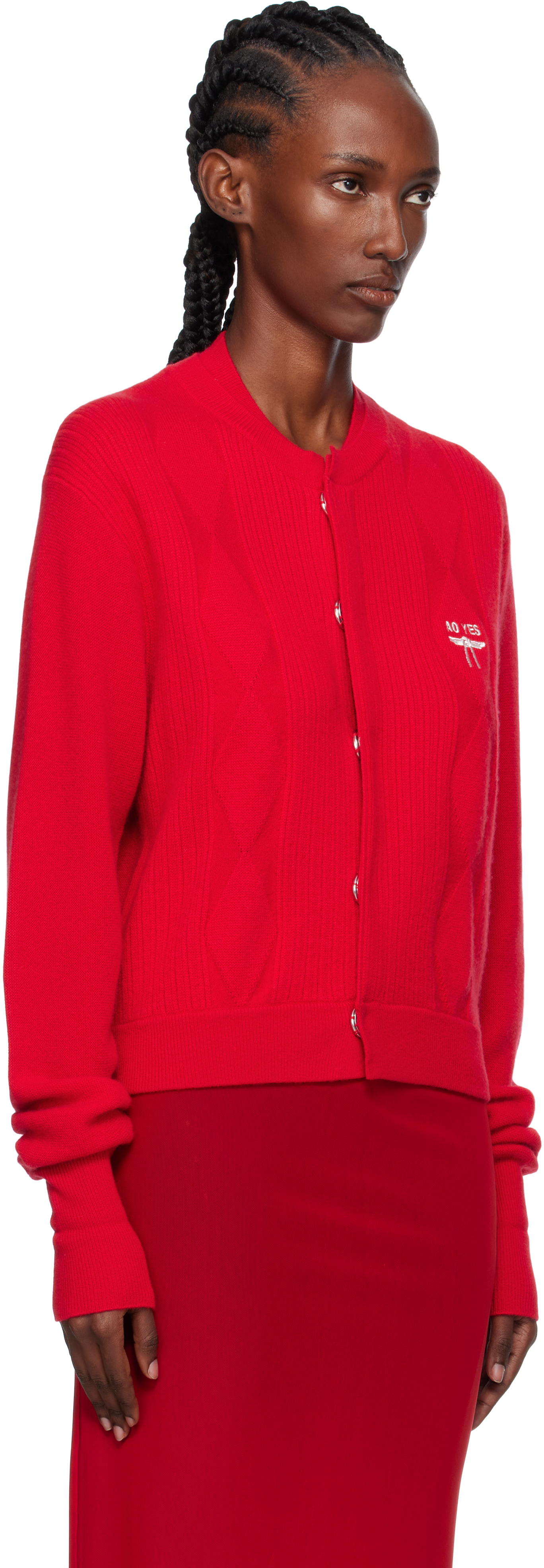 Ao Yes Red Double Collar Logo Embroidery Cardigan In Red