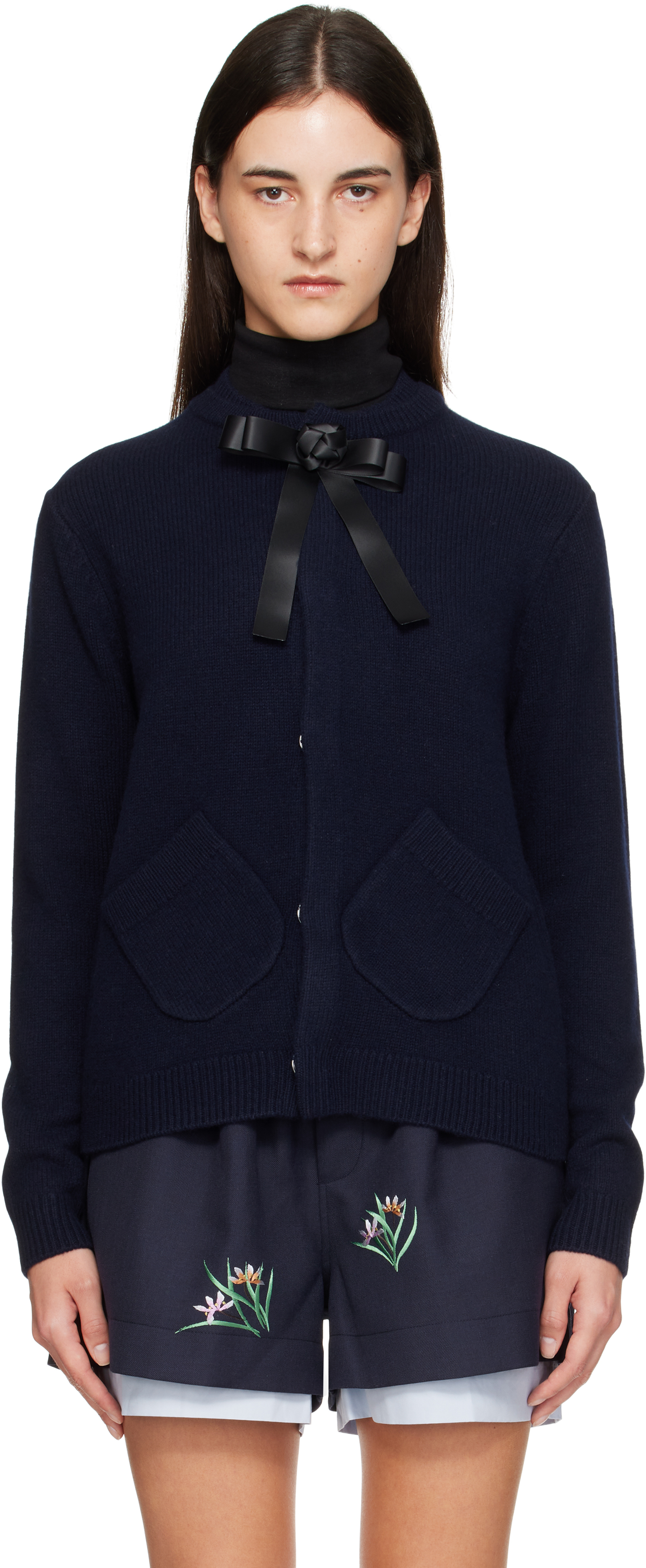 Ao Yes Navy Ribbon Tie Cardigan In Blue