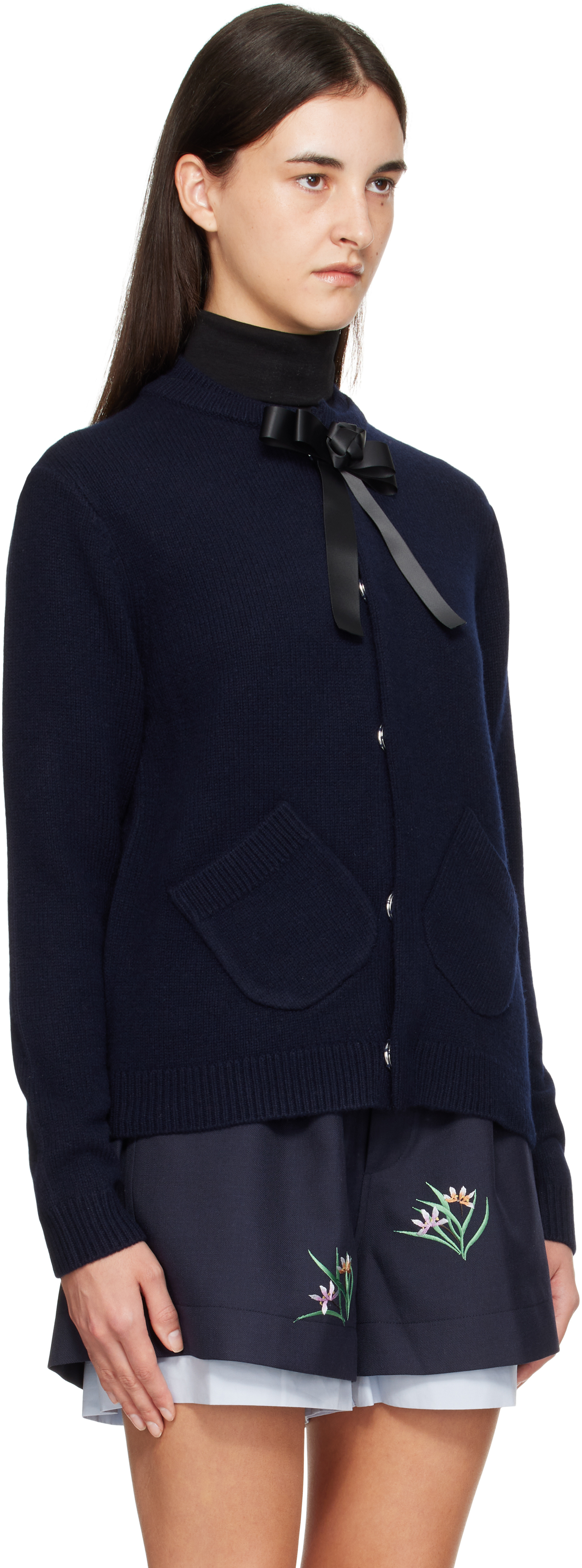 Ao Yes Navy Ribbon Tie Cardigan In Blue
