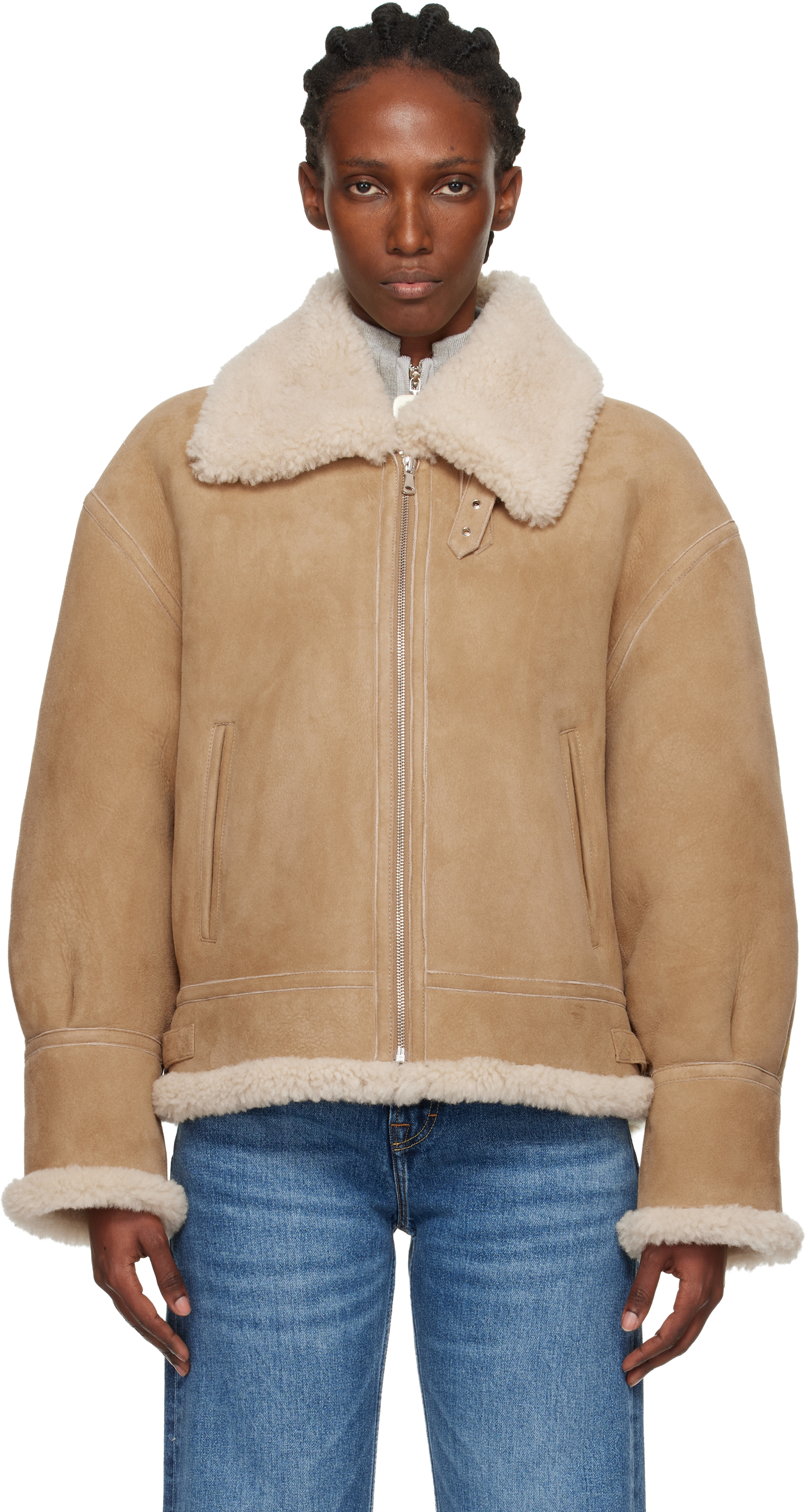Nour Hammour Tan Portia Modern Shearling Aviator Jacket In Brown