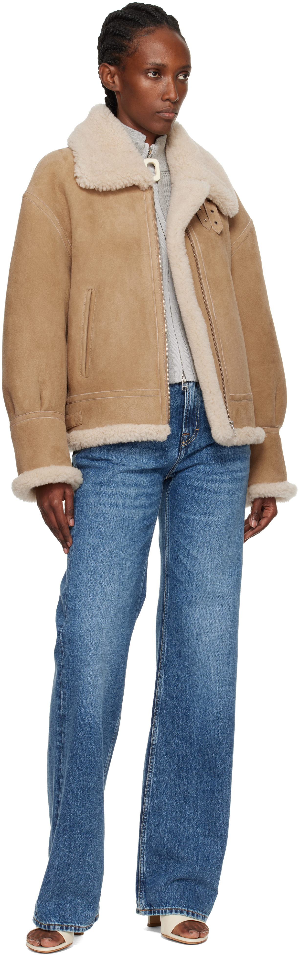 Nour Hammour Tan Portia Modern Shearling Aviator Jacket In Brown