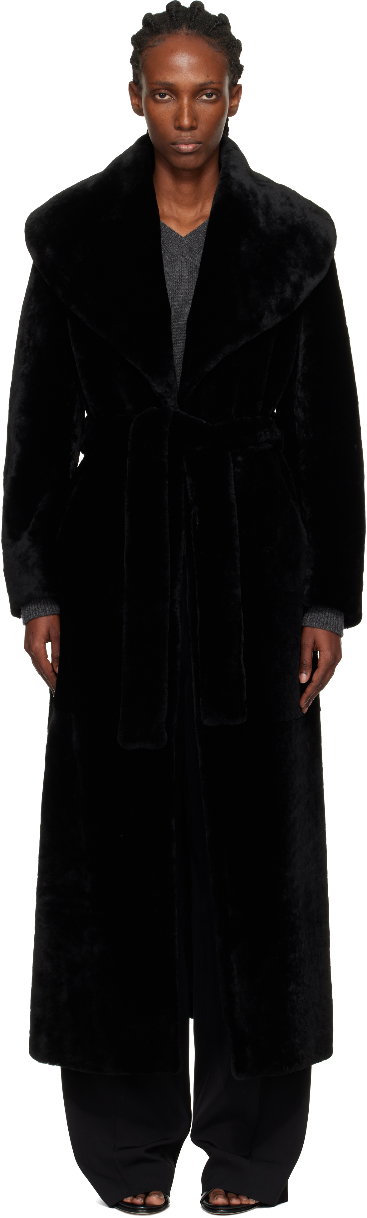 Nour Hammour Black Giovanna Enveloping Shearling Coat In Black