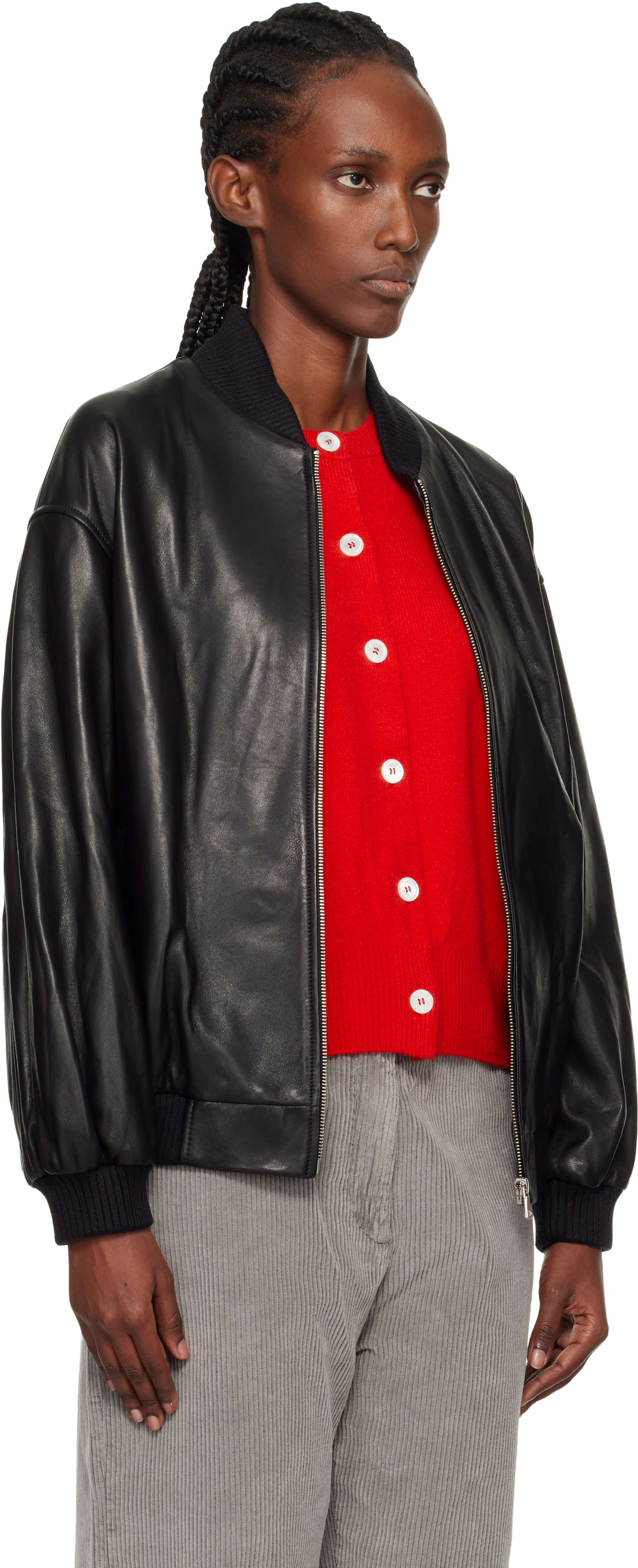 Nour Hammour Black Marly Long Leather Bomber Jacket In Black