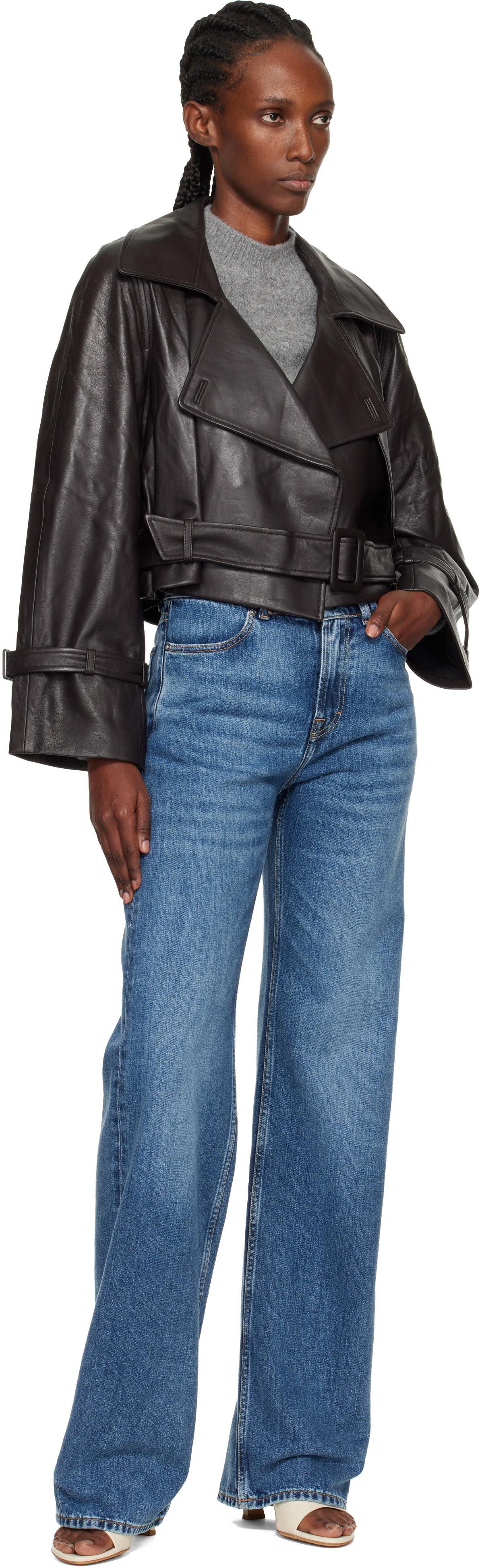 Nour Hammour Brown Hatti Cropped Leather Jacket In Black