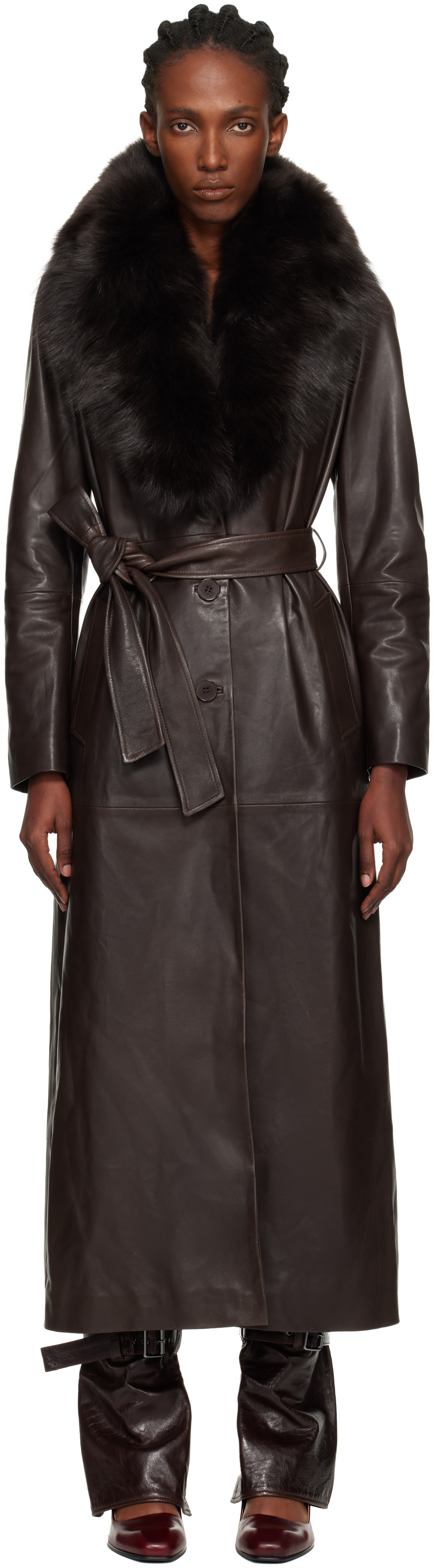Nour Hammour Brown Dakota Glamorous Leather Coat In Black
