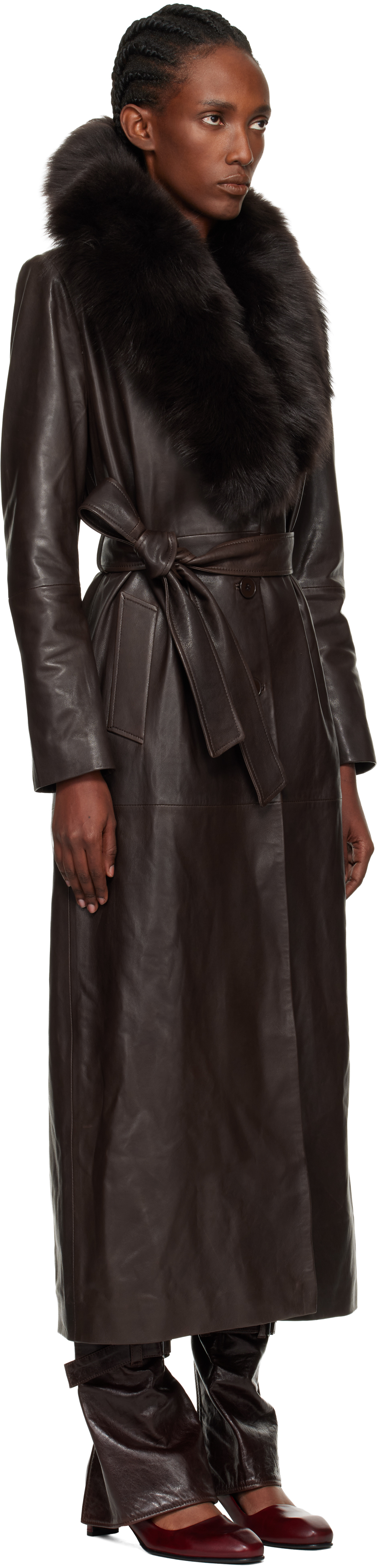 Nour Hammour Brown Dakota Glamorous Leather Coat In Black