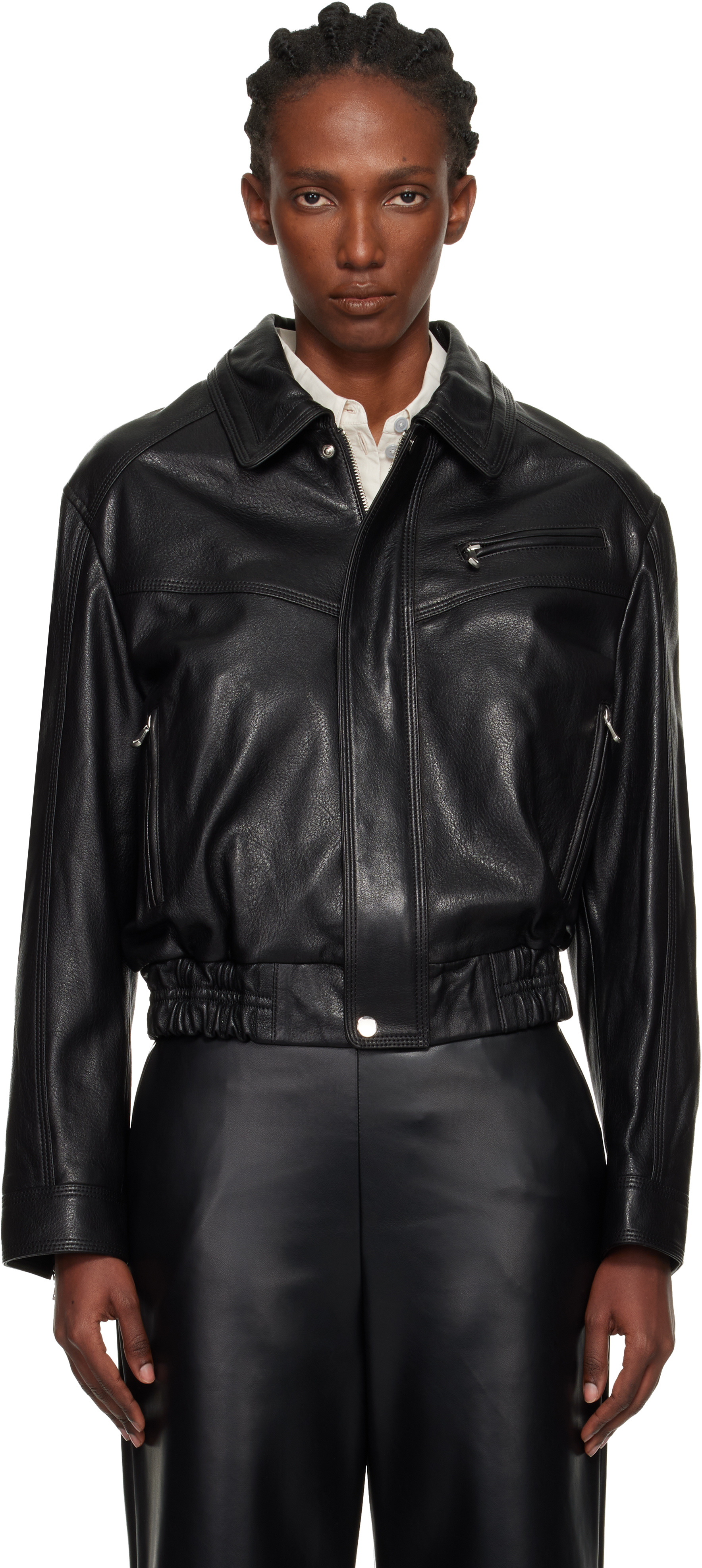 Nour Hammour Black Clint Cropped Leather Bomber Jacket In Black