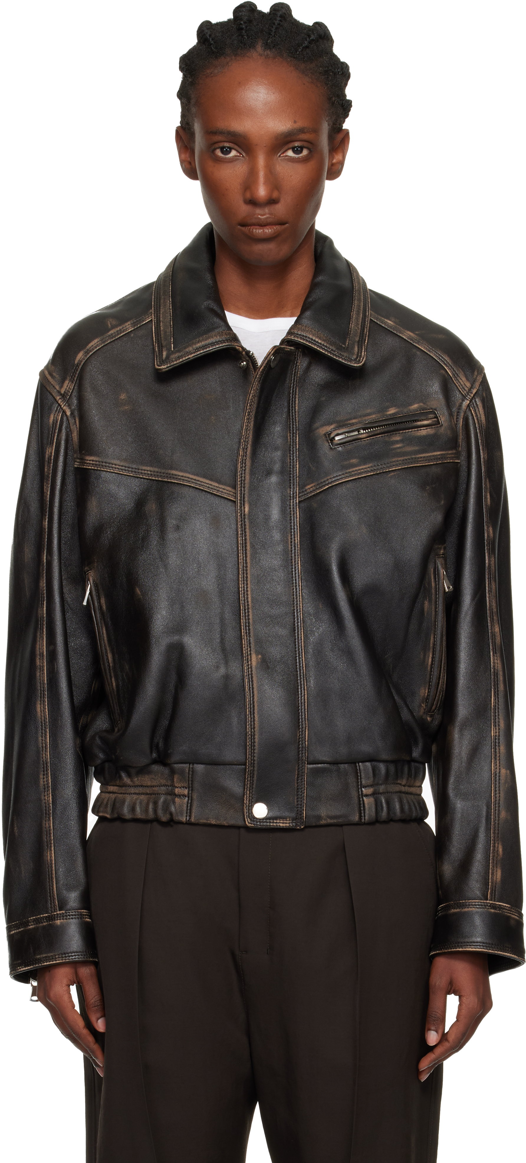 Nour Hammour Brown Clint Cropped Leather Bomber Jacket