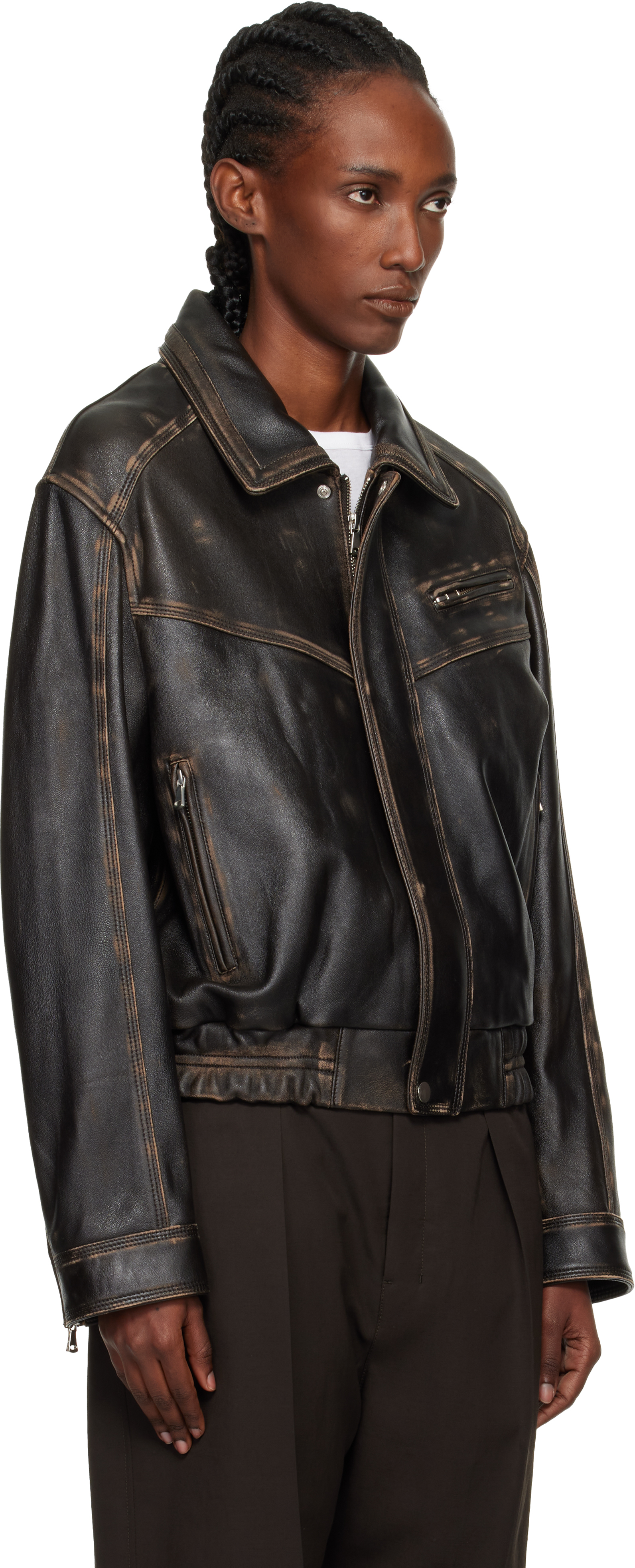 Nour Hammour Brown Clint Cropped Leather Bomber Jacket