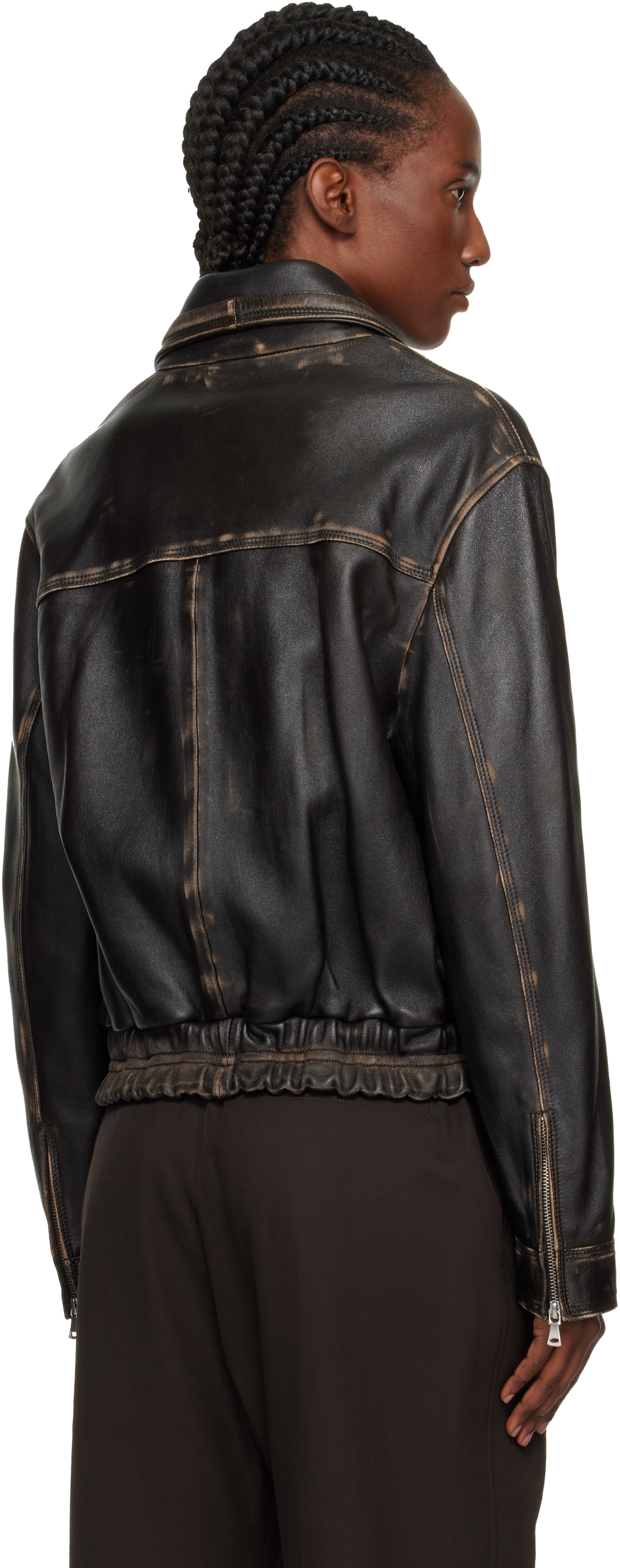 Nour Hammour Brown Clint Cropped Leather Bomber Jacket