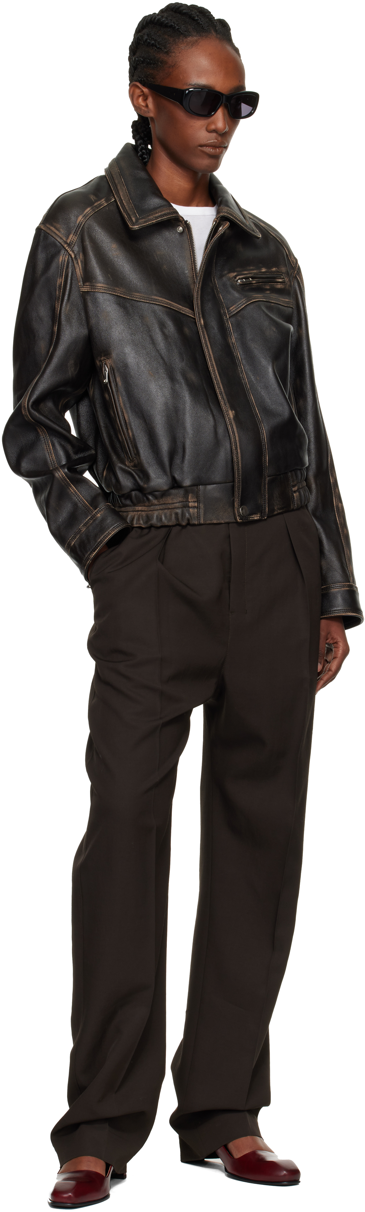 Nour Hammour Brown Clint Cropped Leather Bomber Jacket