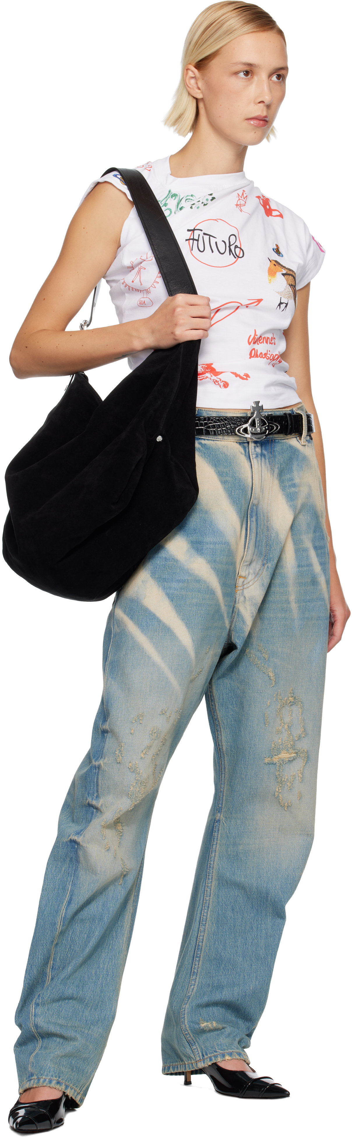 Vivienne Westwood Black Croc Leather Line Orb Buckle Belt In Black