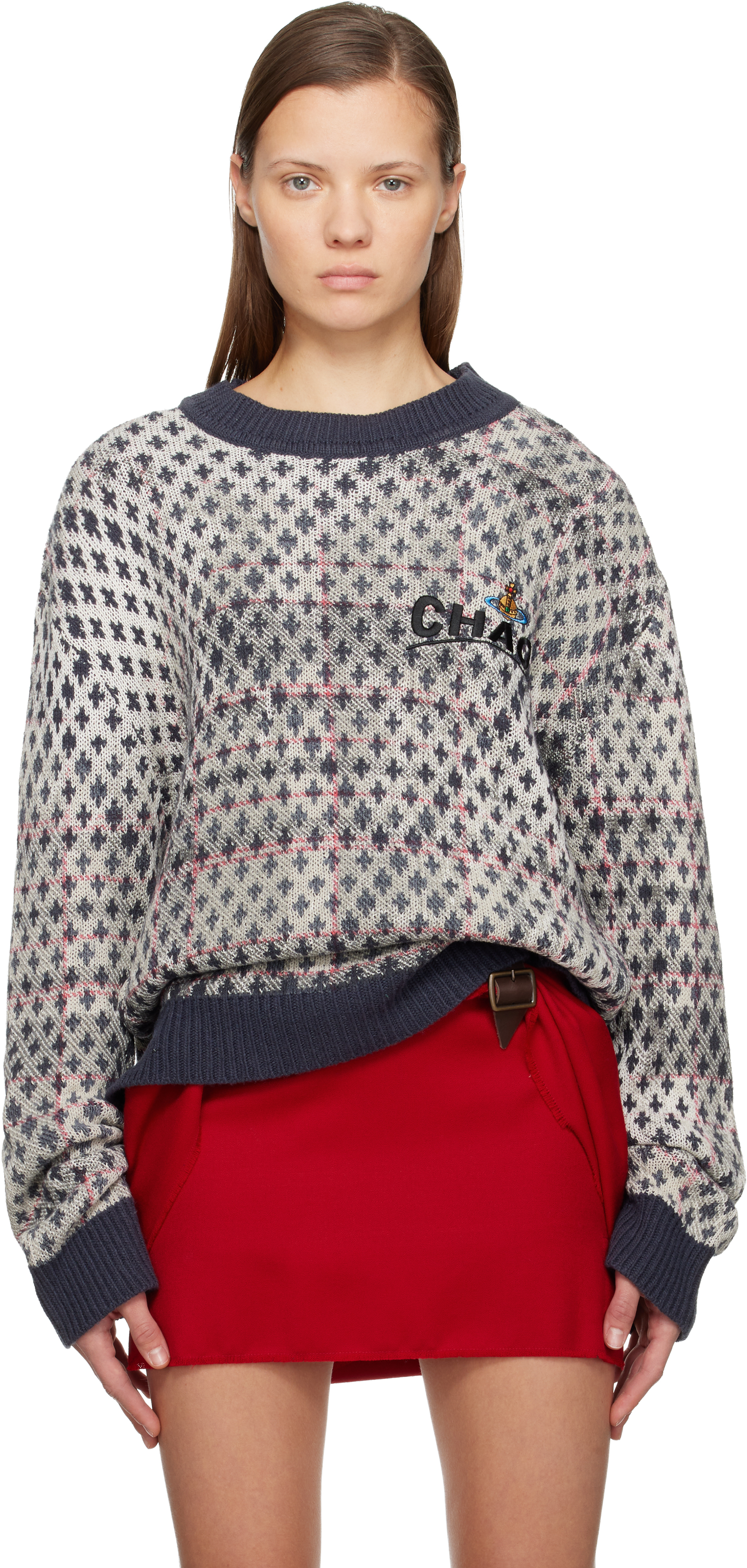 Vivienne Westwood Off-white & Navy Distressed Tartan Sweater In Multi