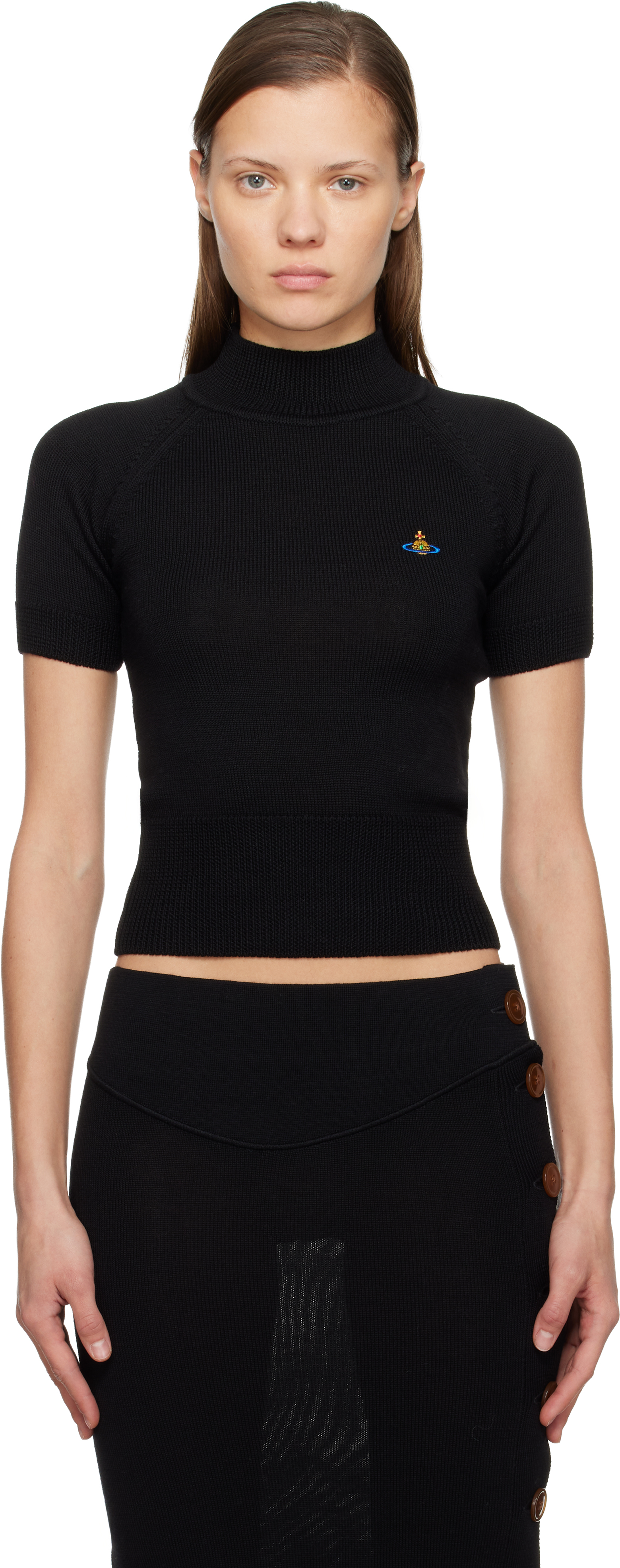 Vivienne Westwood Fitted Short Puff Sleeve Sweater With Embroidered Emblem In Black