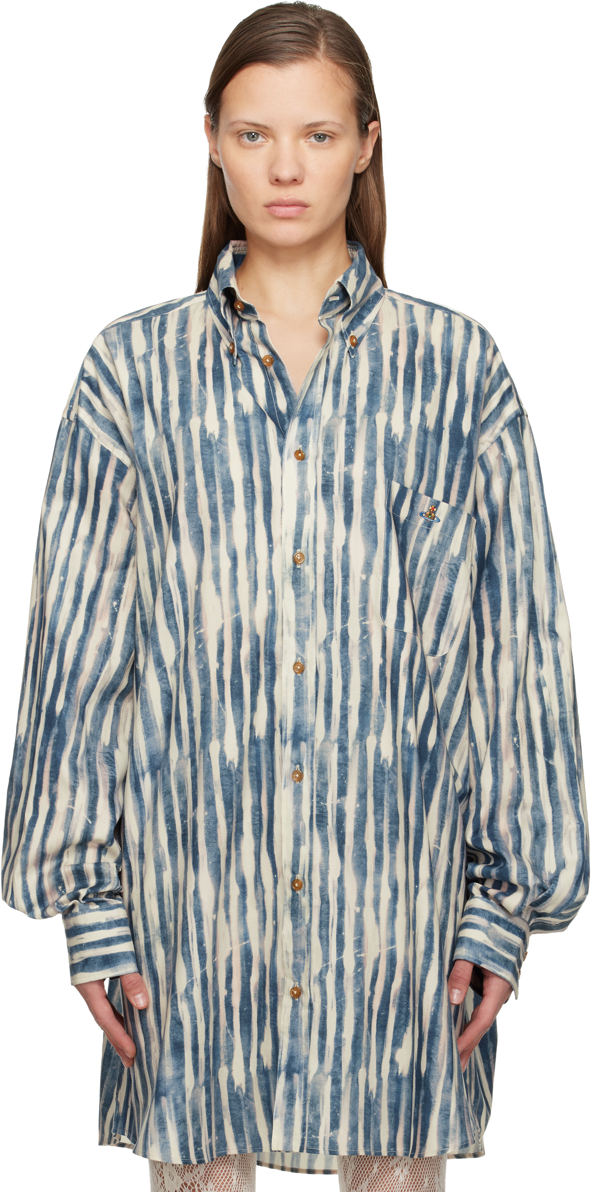 Vivienne Westwood Beige & Blue Cotton Poplin Oversized Shirt In Multi
