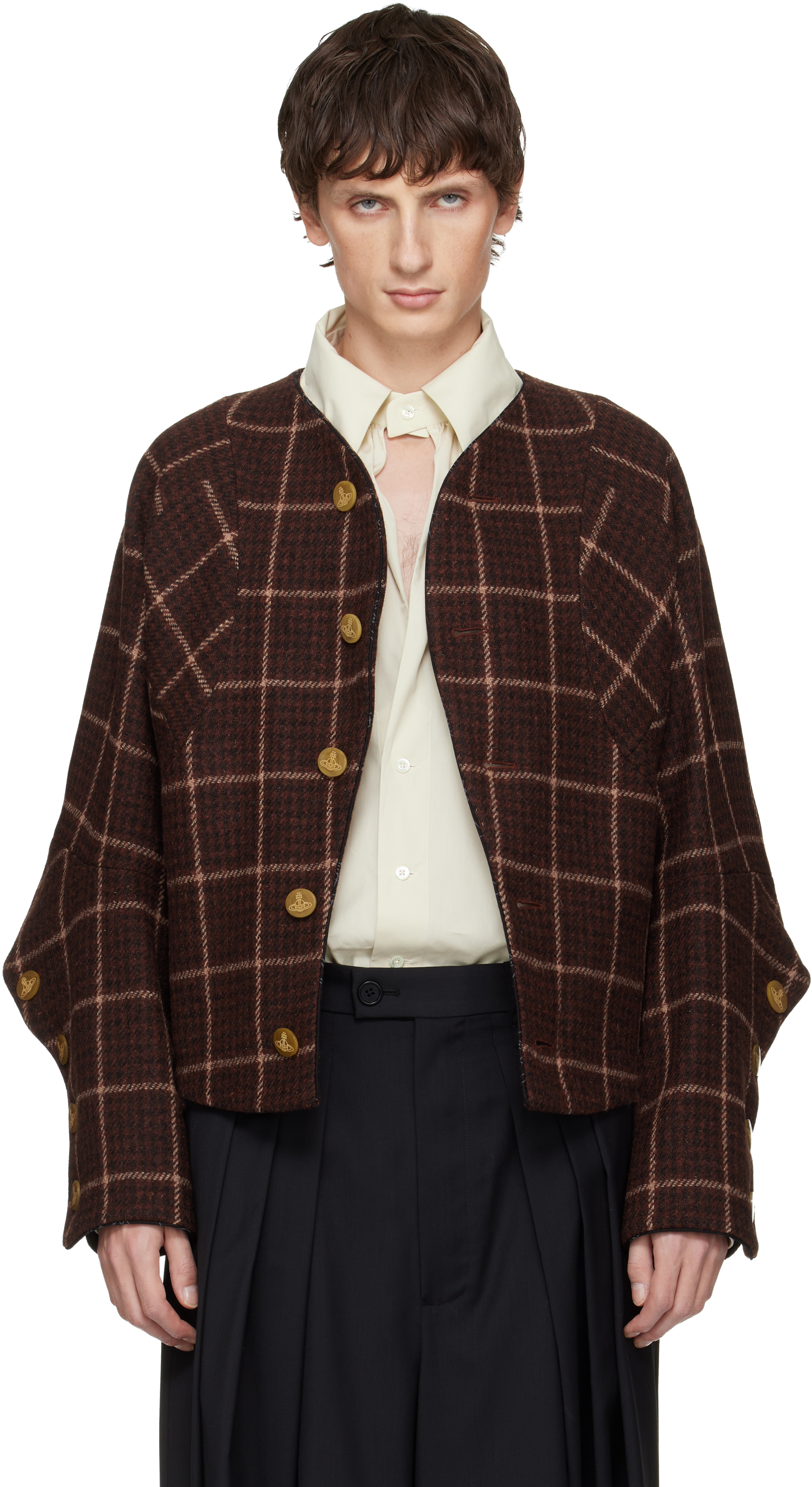 Vivienne Westwood Wool Tartan Pourpoint Jacket In Brown