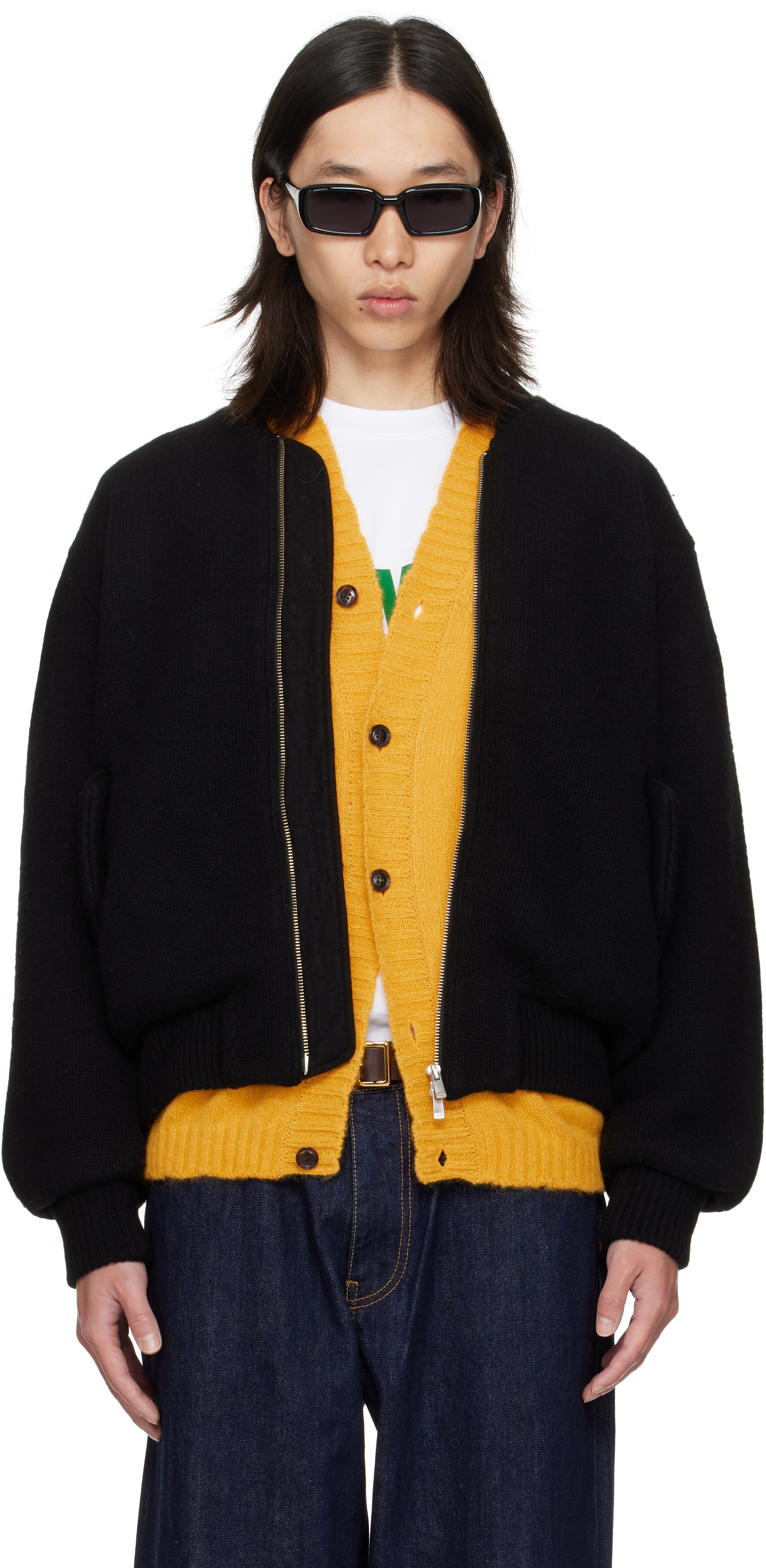Vowels Black Handstitch Knitted Bomber Jacket In Brown