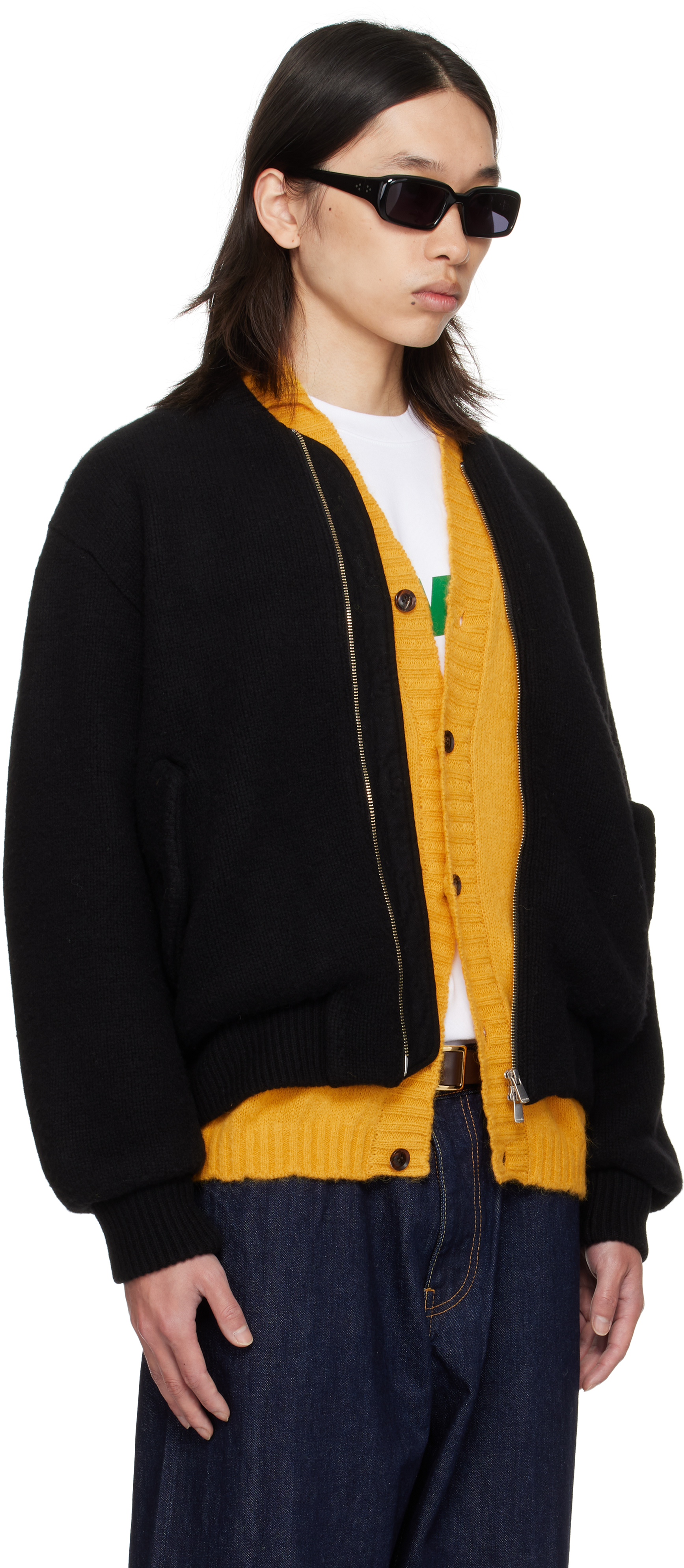 Vowels Black Handstitch Knitted Bomber Jacket In Brown