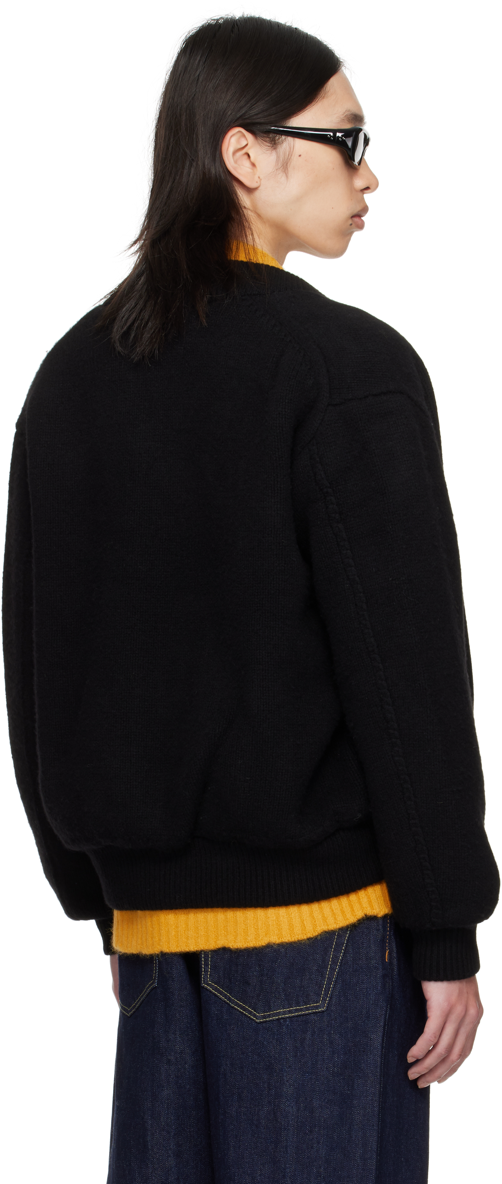 Vowels Black Handstitch Knitted Bomber Jacket In Brown