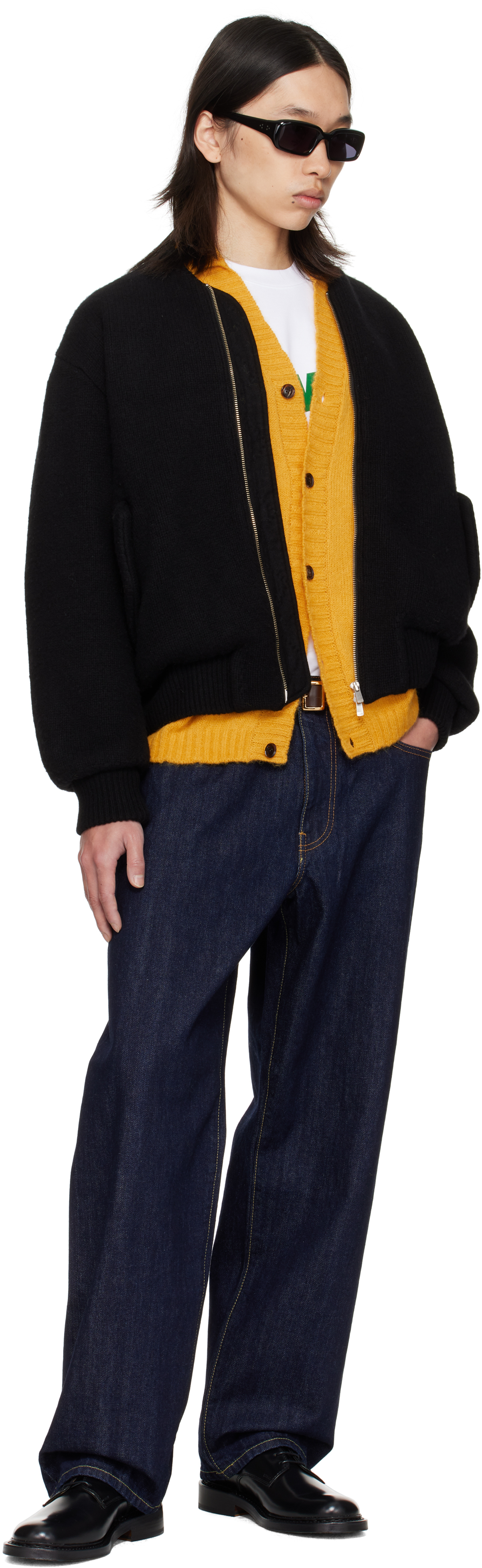 Vowels Black Handstitch Knitted Bomber Jacket In Brown