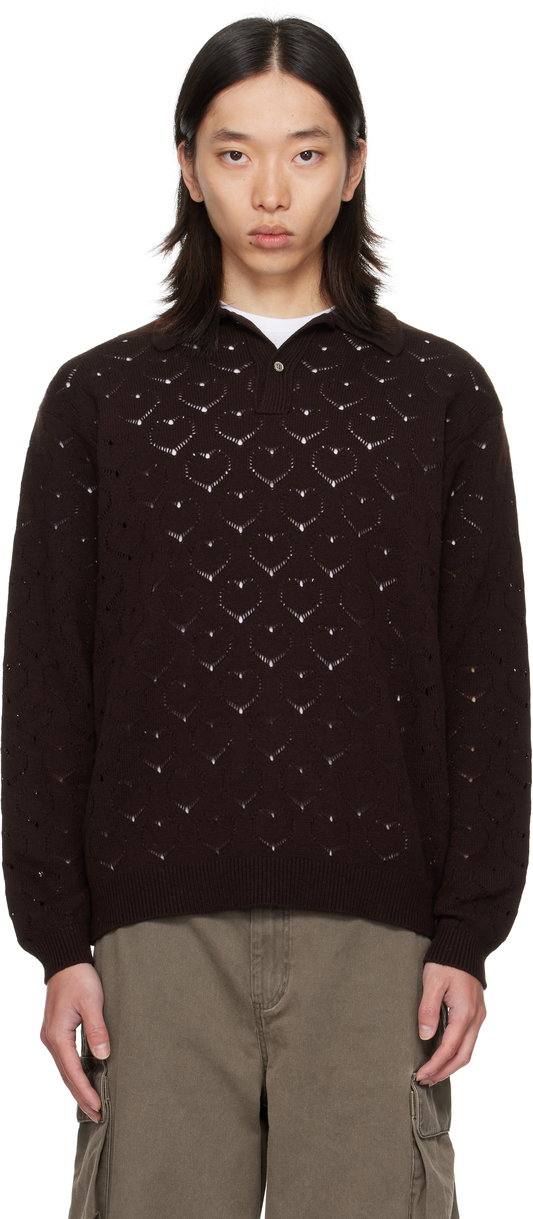 Vowels Brown Eyelet Polo In Brown