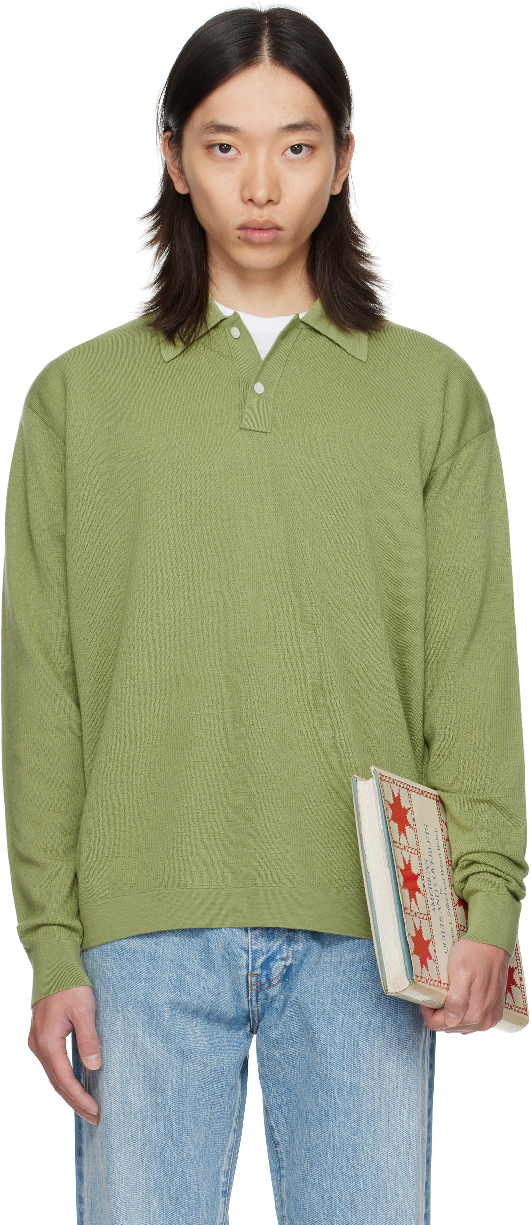 Vowels Green Light Weight Knit Polo In Green