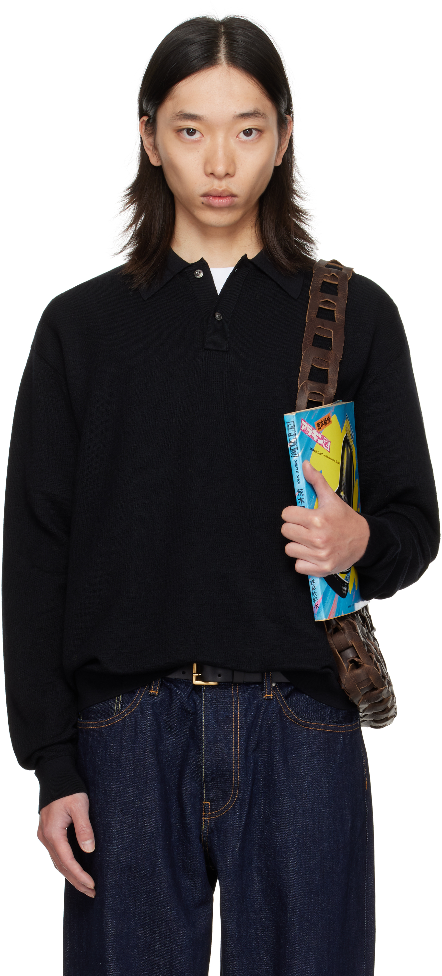 Vowels Black Light Weight Knit Polo In Black
