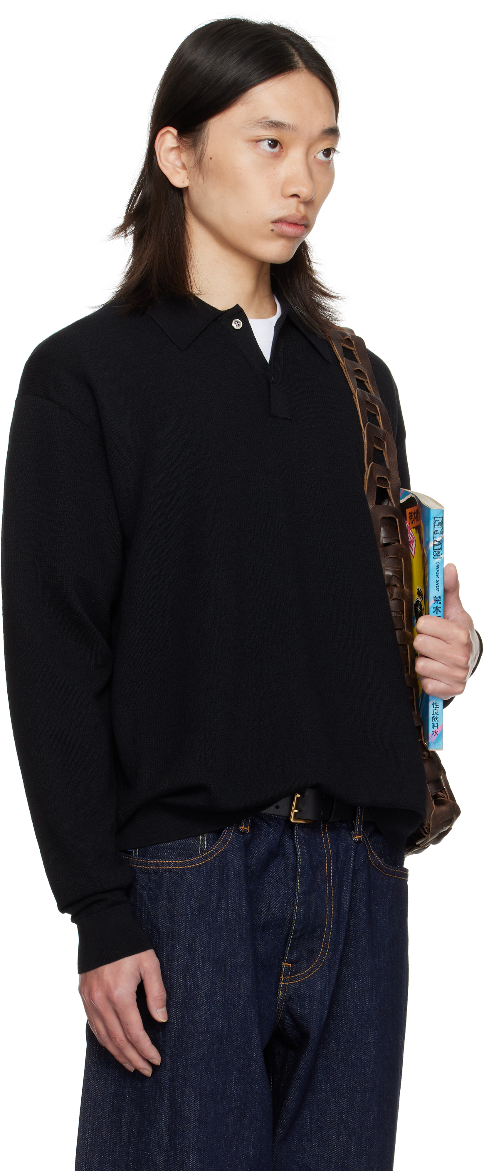 Vowels Black Light Weight Knit Polo In Black