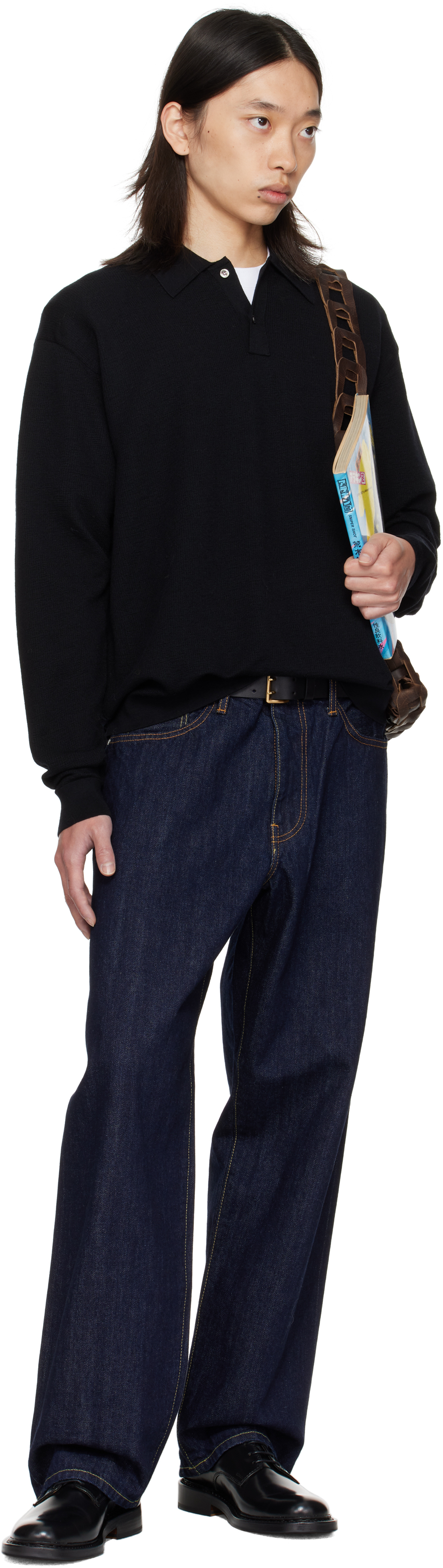 Vowels Black Light Weight Knit Polo In Black