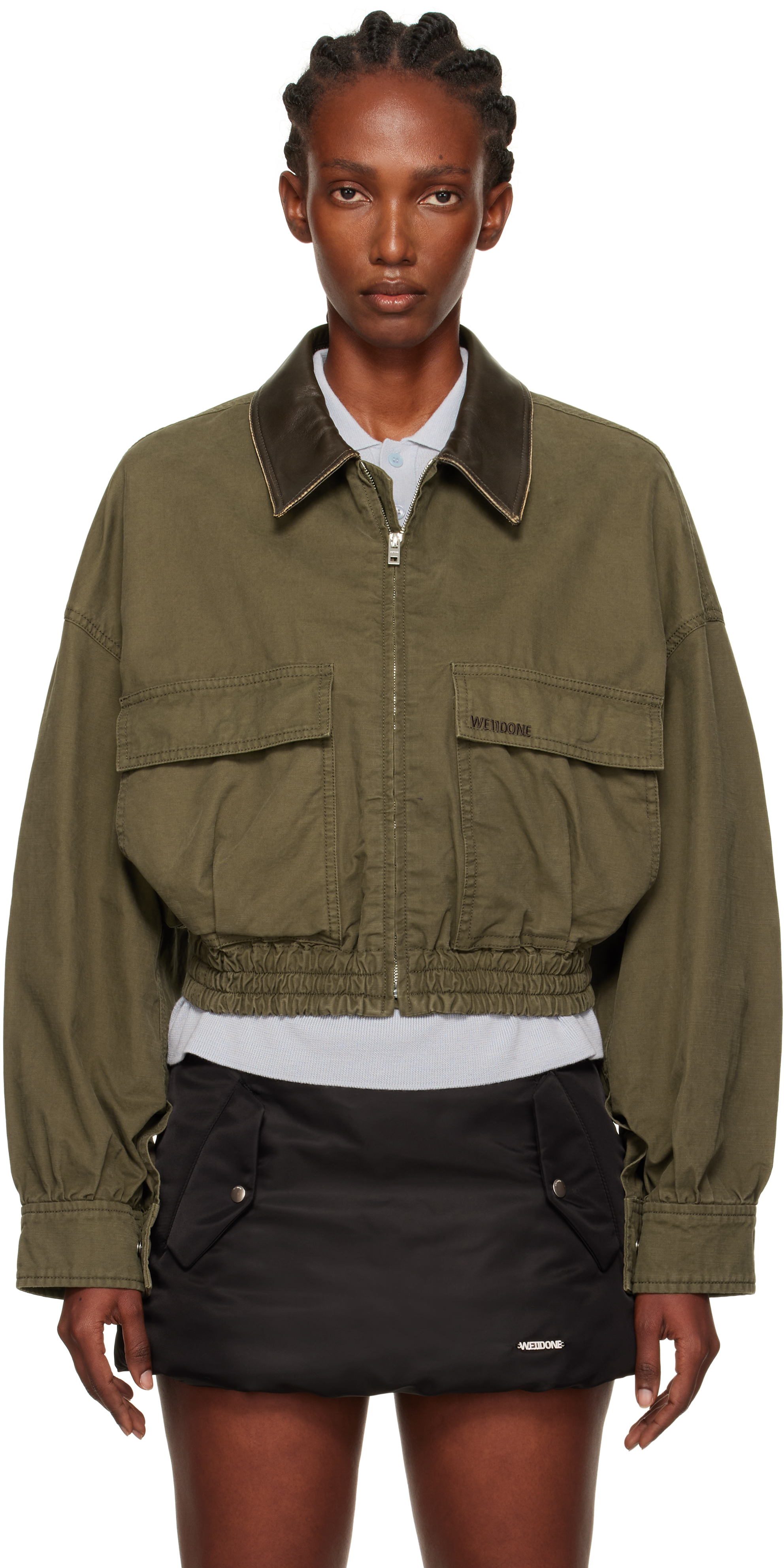 Khaki Leather Collar Jacket